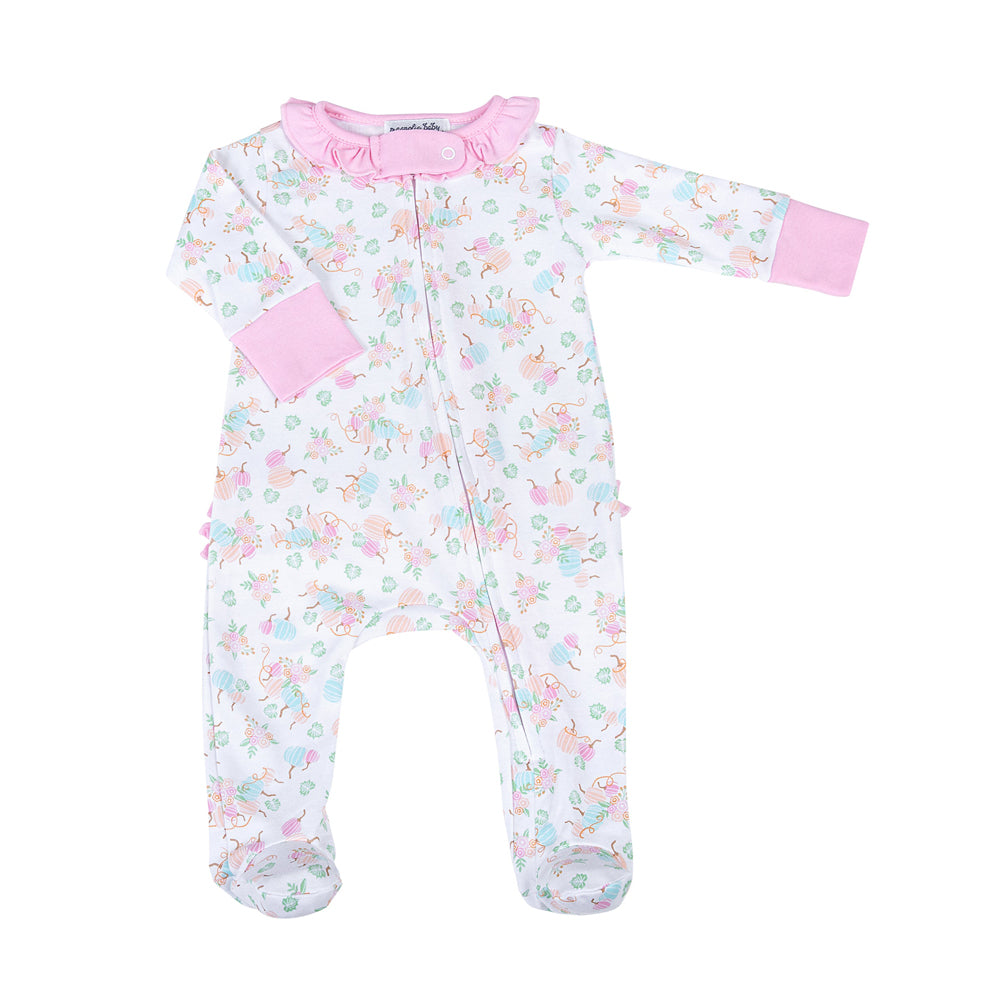 Adorable Pumpkin Blush Print Ruffle Zip Footie Pajamas for Baby Girls | Soft Cotton Sleepwear for Infants & Toddlers | Perfect for Fall Photoshoots, Halloween Costumes & Cozy Bedtime