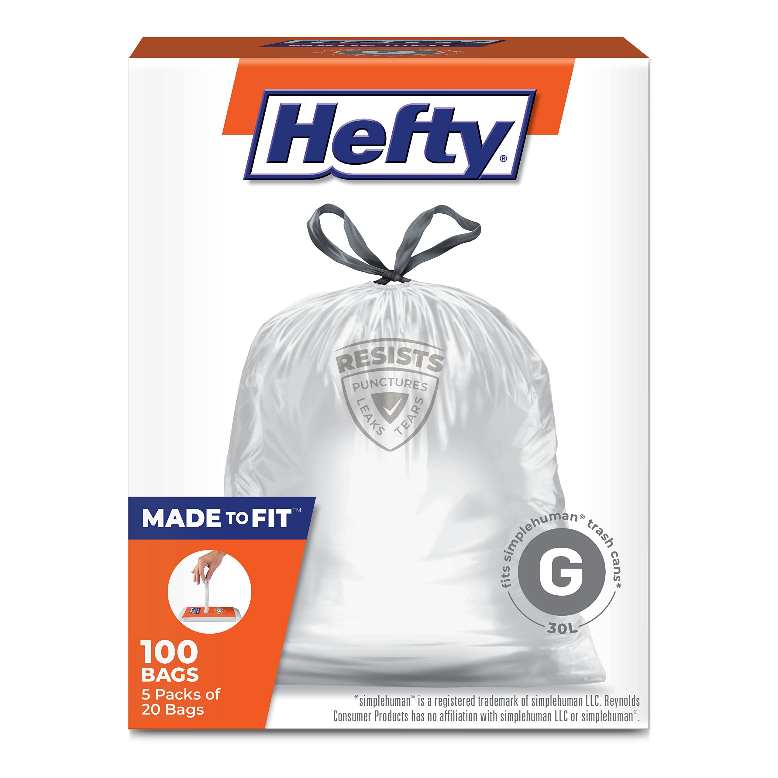 Hefty Made to Fit Trash Bags for simplehuman Size G (8 Gallons) - 100 Count (5 Pouches of 20 Bags Each) | Durable & Leak-Proof | Perfect for Kitchen, Bathroom & Office Waste Bins | Packaging May Vary