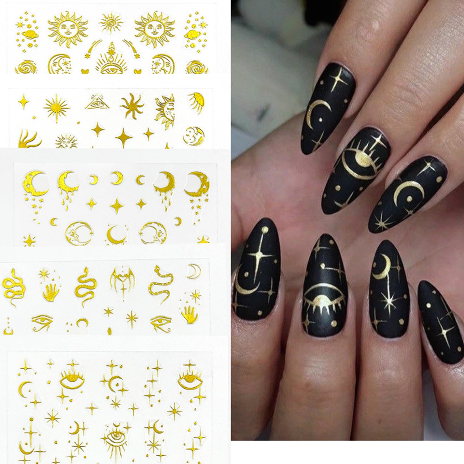 8 Sheets Gold Star Moon 3D Nail Art Stickers - Self-Adhesive Snake & Sun Eye Nail Decals with Various Patterns for Women DIY Manicure | Perfect for Parties, Weddings, and Special Occasion Nail Decorations
