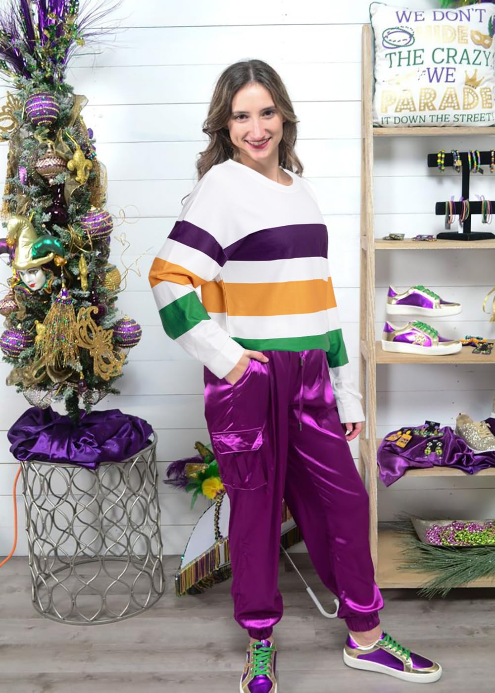 Women's Mardi Gras Shirt - Striped Fat Tuesday Tee for New Orleans Carnival Party - Long Sleeve Top for Festive Celebrations & Costume Parties
