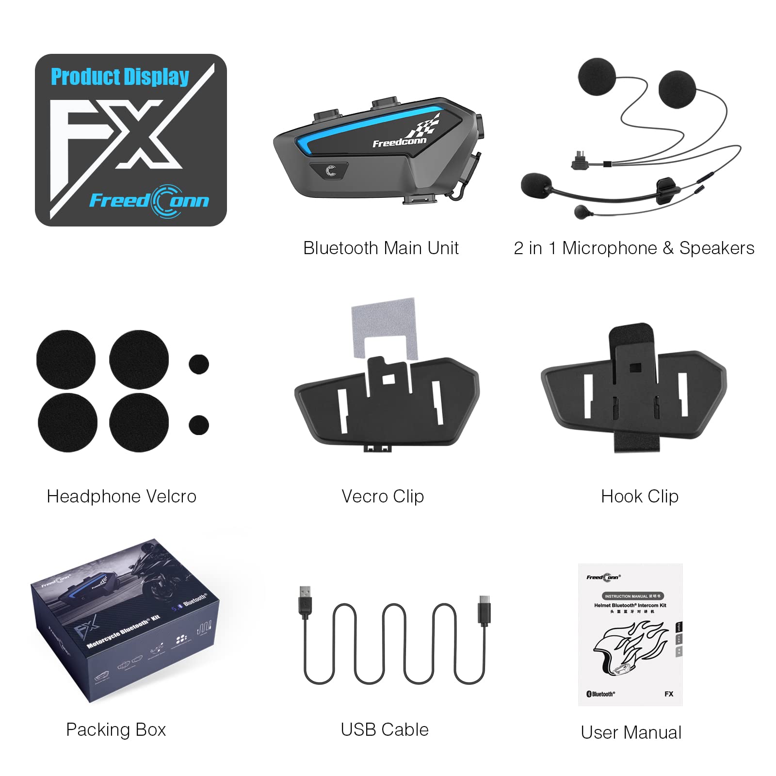 FreedConn FX Motorcycle Bluetooth Headset - Wireless Intercom for Bike Riders (FX Black) | Perfect for Group Riding, GPS Navigation & Hands-Free Calls
