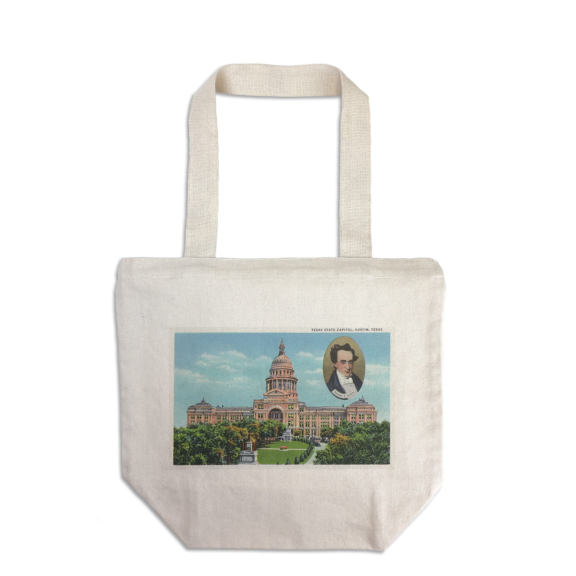 Lantern Press Austin Texas State Capitol Building Canvas Tote Bag - Stephen F. Austin Portrait - 100% Cotton Reusable Shopping Bag for Groceries, Beach & Travel
