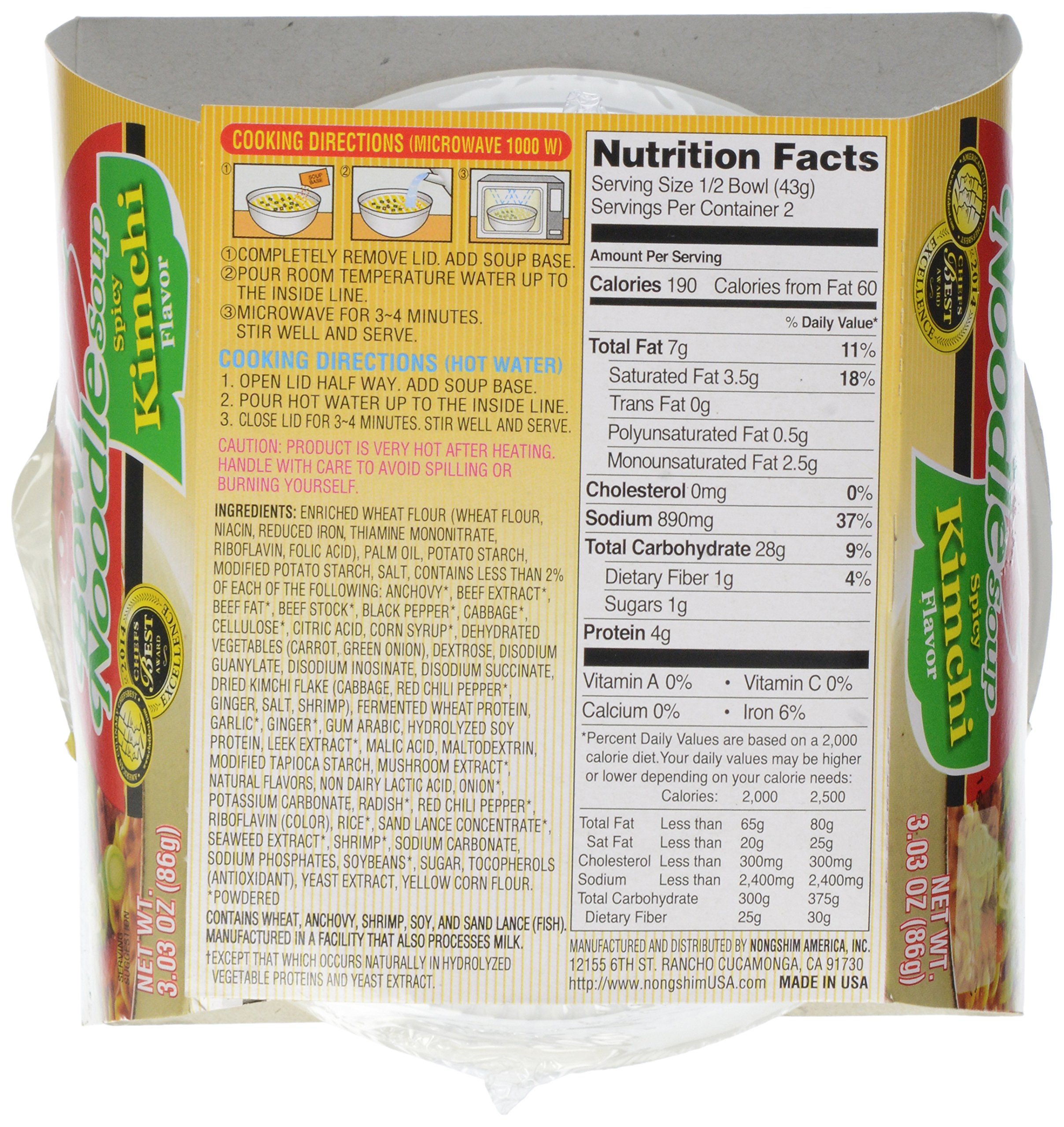 Nongshim Kimchi Noodle Soup Bowl - 3.03oz Spicy Instant Ramen | Quick & Easy Korean Meal for Office Lunch, College Dorm Snack or Late Night Comfort Food