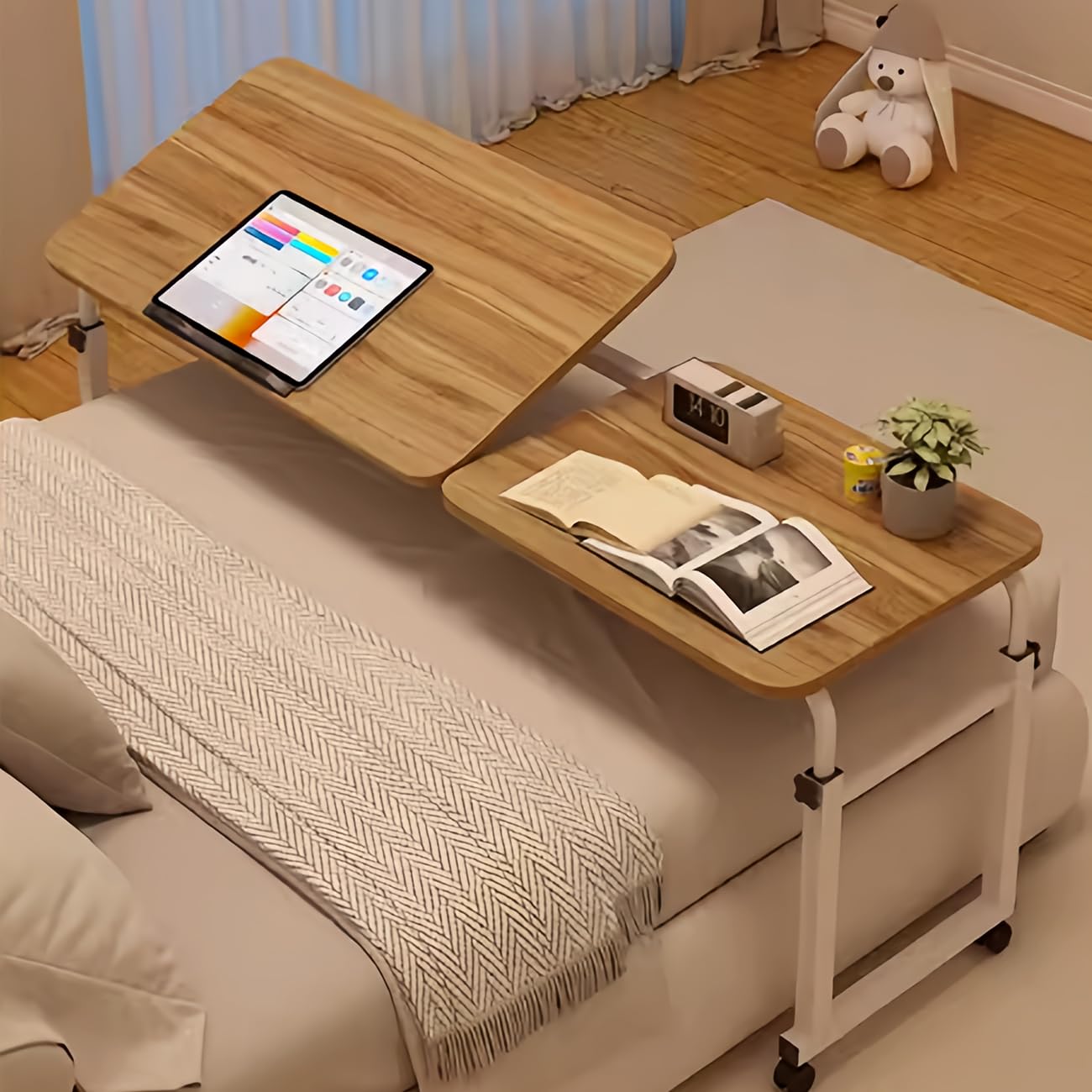 Adjustable Overbed Table with Wheels - Mobile Hospital Bedside Table, Queen Size Standing Desk for 1.2m-1.8m Beds (Brown) - Perfect for Eating, Working, Reading in Bed or Recovery Use