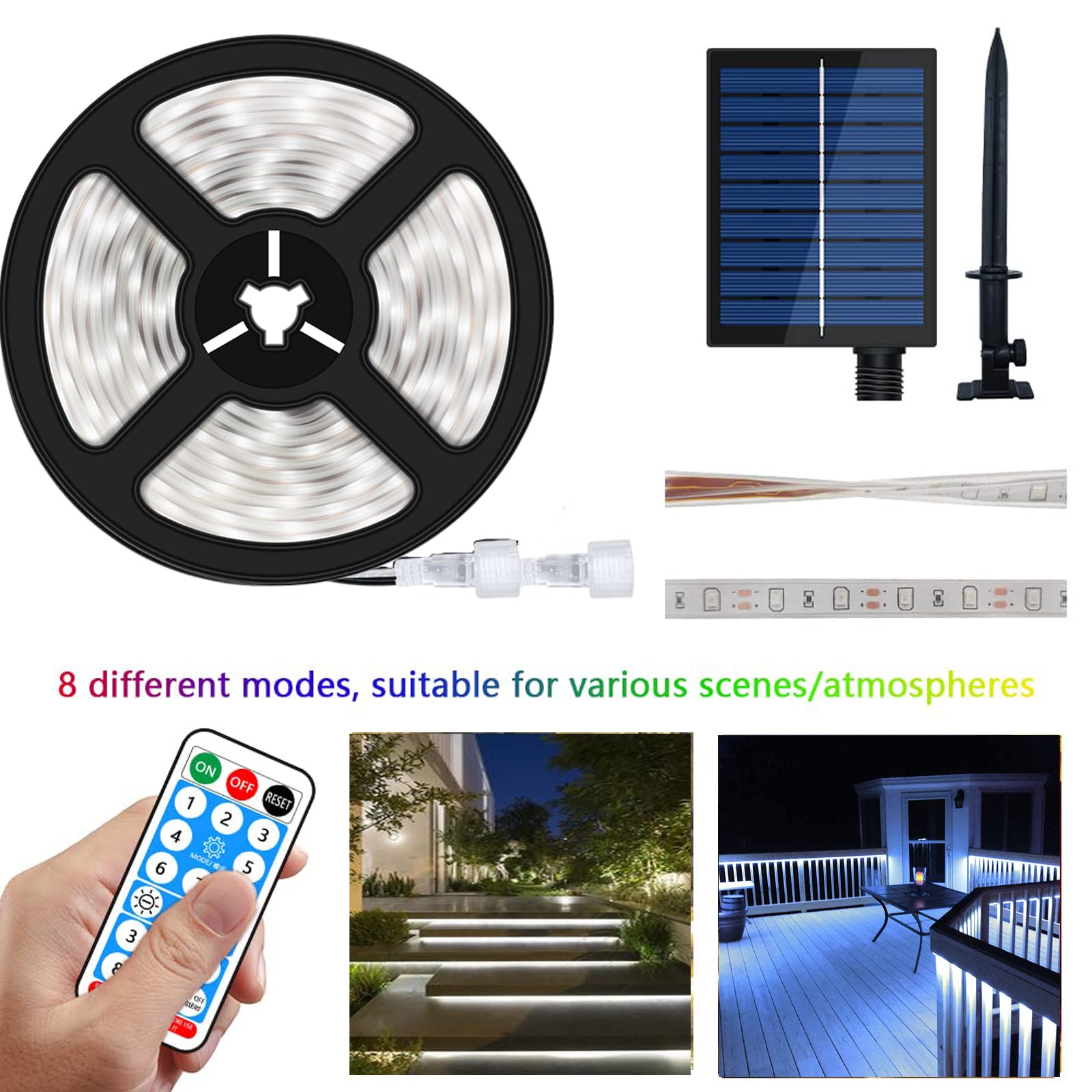 Solar LED Strip Lights Outdoor 16.4ft 280 LEDs Waterproof Cool White with Remote Control - IP67 2835 SMD Rope Lights for Garden, Trees, Christmas, Party, Patio, Fence, Deck Decor