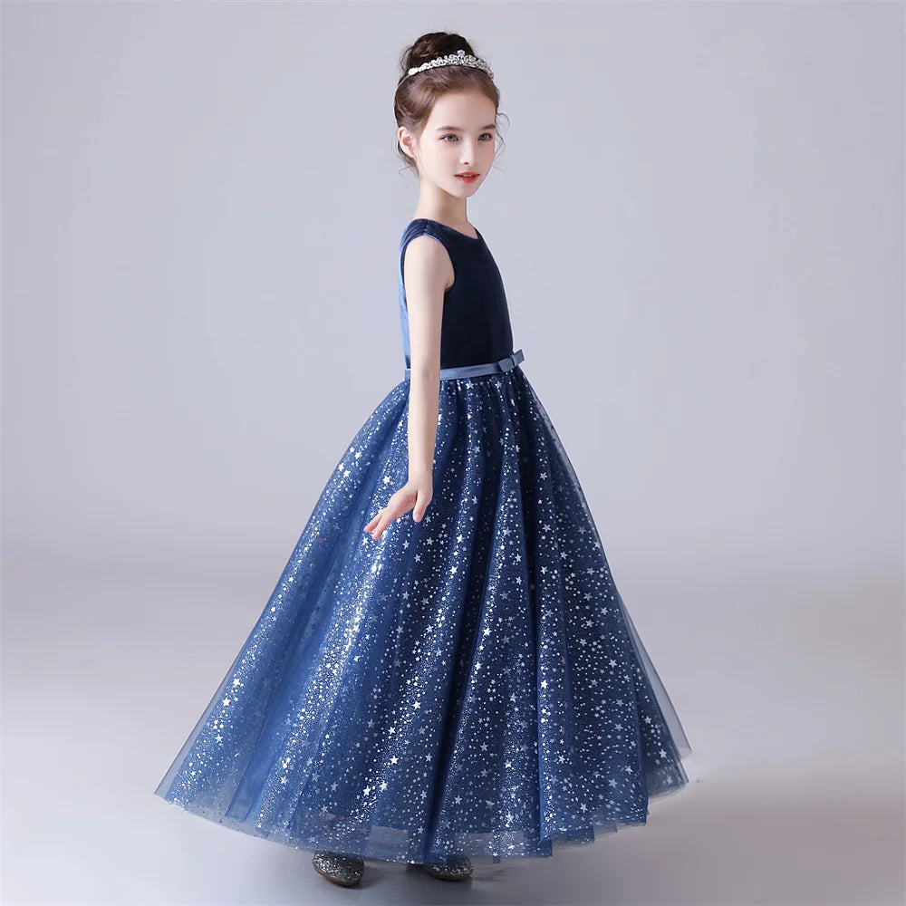 Navy Blue Shiny Tulle Flower Girl Dress - Sleeveless Formal Princess Gown for Kids Birthday Party, Wedding, Pageant & Special Occasions
