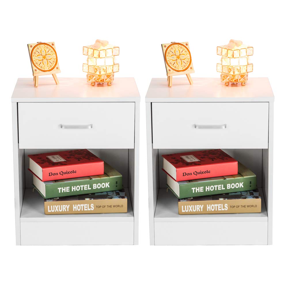 2PC White Nightstand with Drawer & Storage Shelf - Modern Bedside End Table for Bedroom, Living Room, or Office - Perfect for Small Spaces & Home Organization