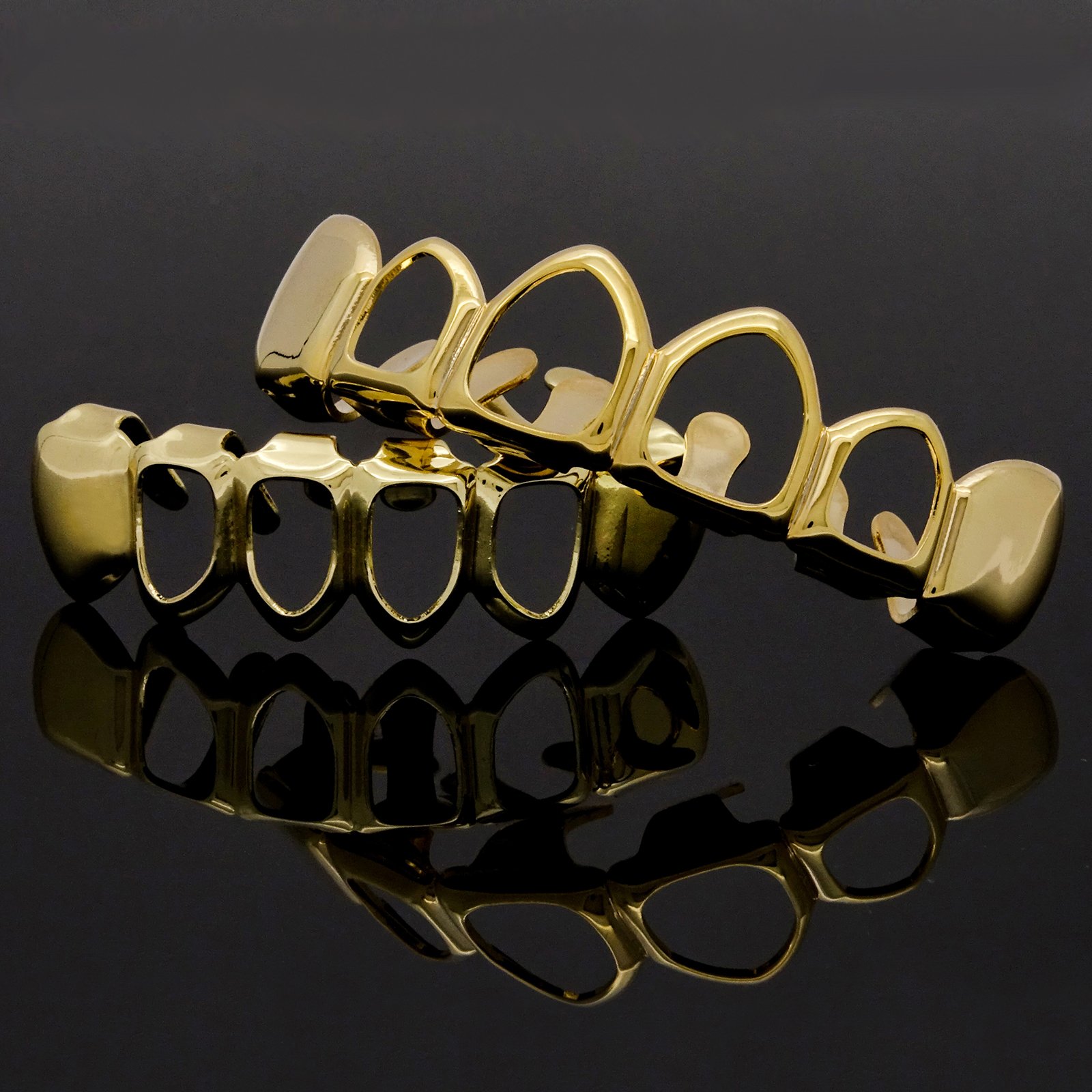 14K Gold Plated Men's Hip Hop Grillz - Hollow Top & Bottom Row Teeth Jewelry for Rappers & Performers | Perfect for Concerts, Music Videos & Special Events