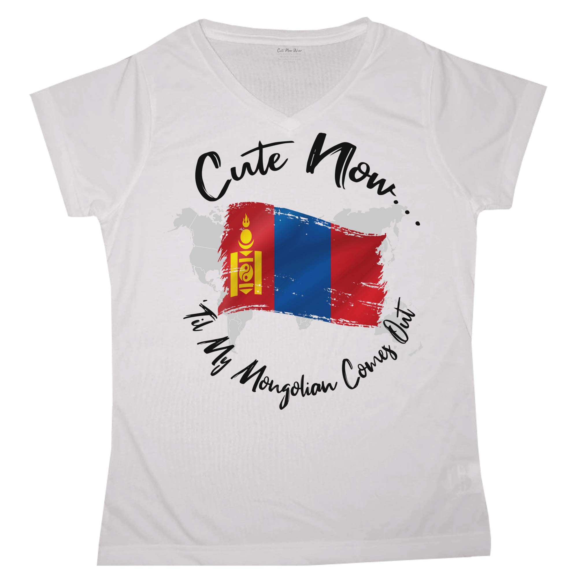 Women's Mongolia Flag V-Neck T-Shirt - White Short Sleeve Shirt with 'Til My Mongolian Comes Out' Design - Sizes S to XXL - Perfect for Casual Wear, Travel & Cultural Pride
