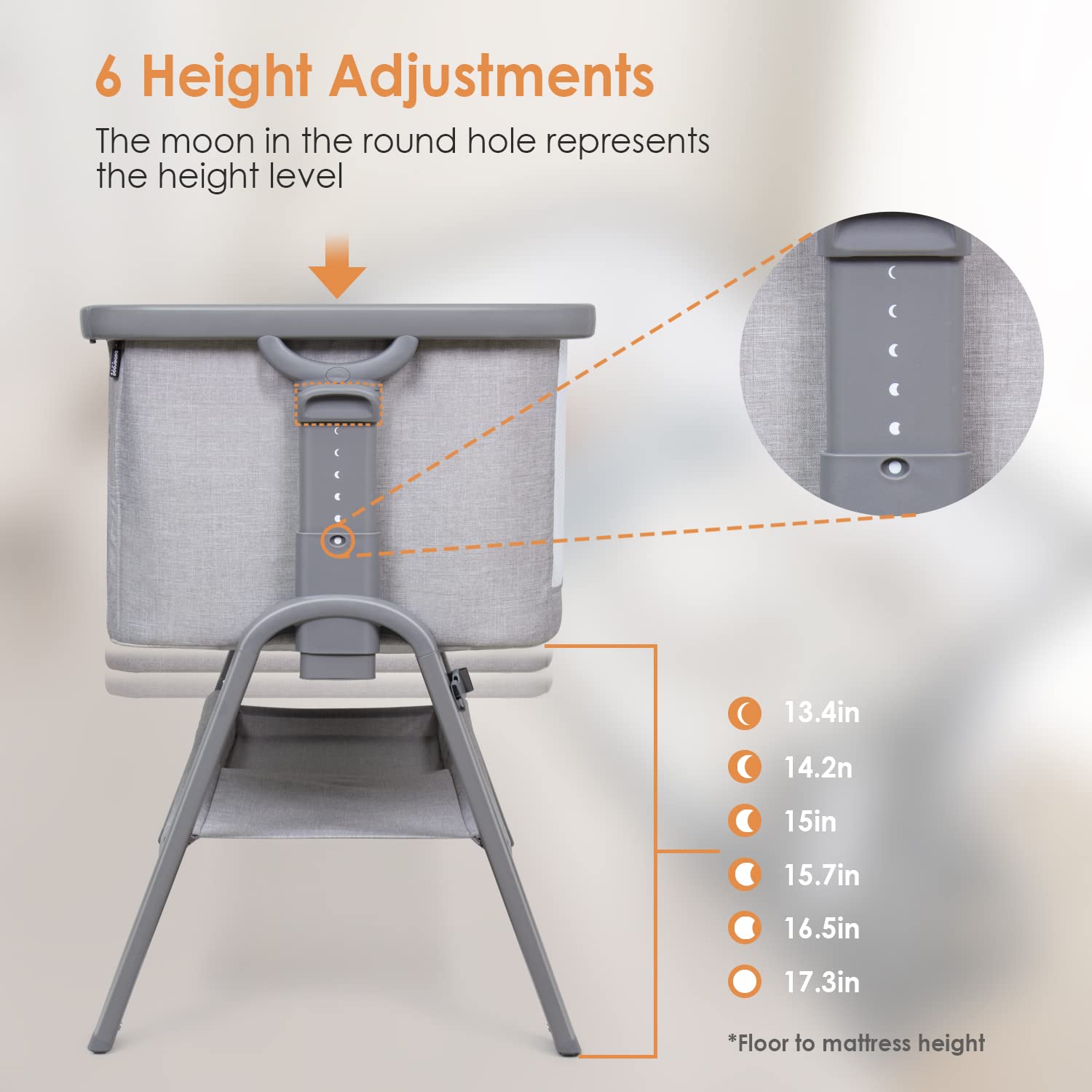 **Beberoad Portable Baby Bassinet & Bedside Sleeper - Lightweight Adjustable Crib for Newborns & Infants (6 Height Settings, Includes Mattress, Wheels, Storage Basket & Travel Bag) - Perfect for Nursery, Bedroom & Travel - Light Grey**