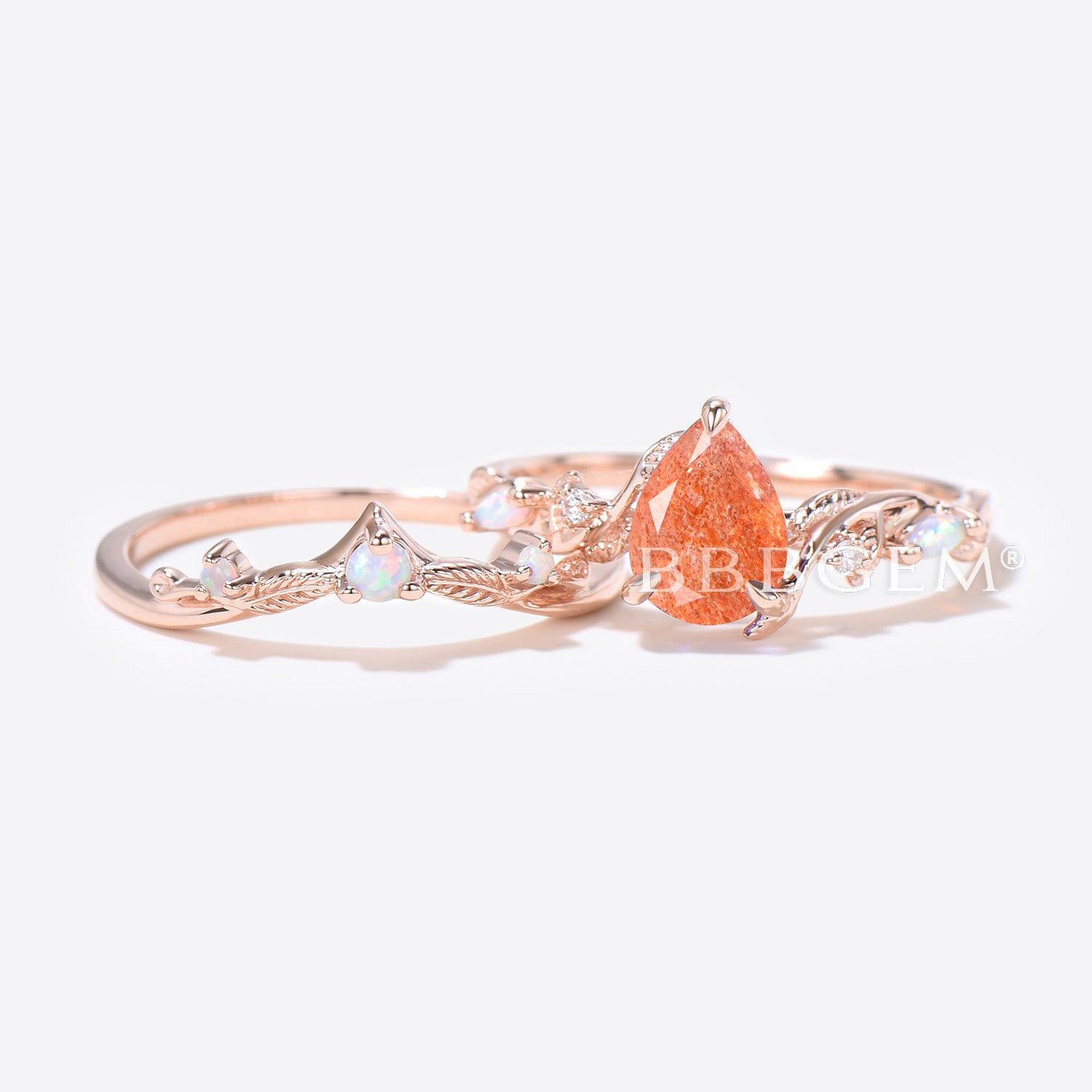 Twig Vine Pear Shaped Sunstone Engagement Ring Leaf Opal Bridal Set - Elegant Nature-Inspired Wedding Jewelry for Brides & Engagement Proposals