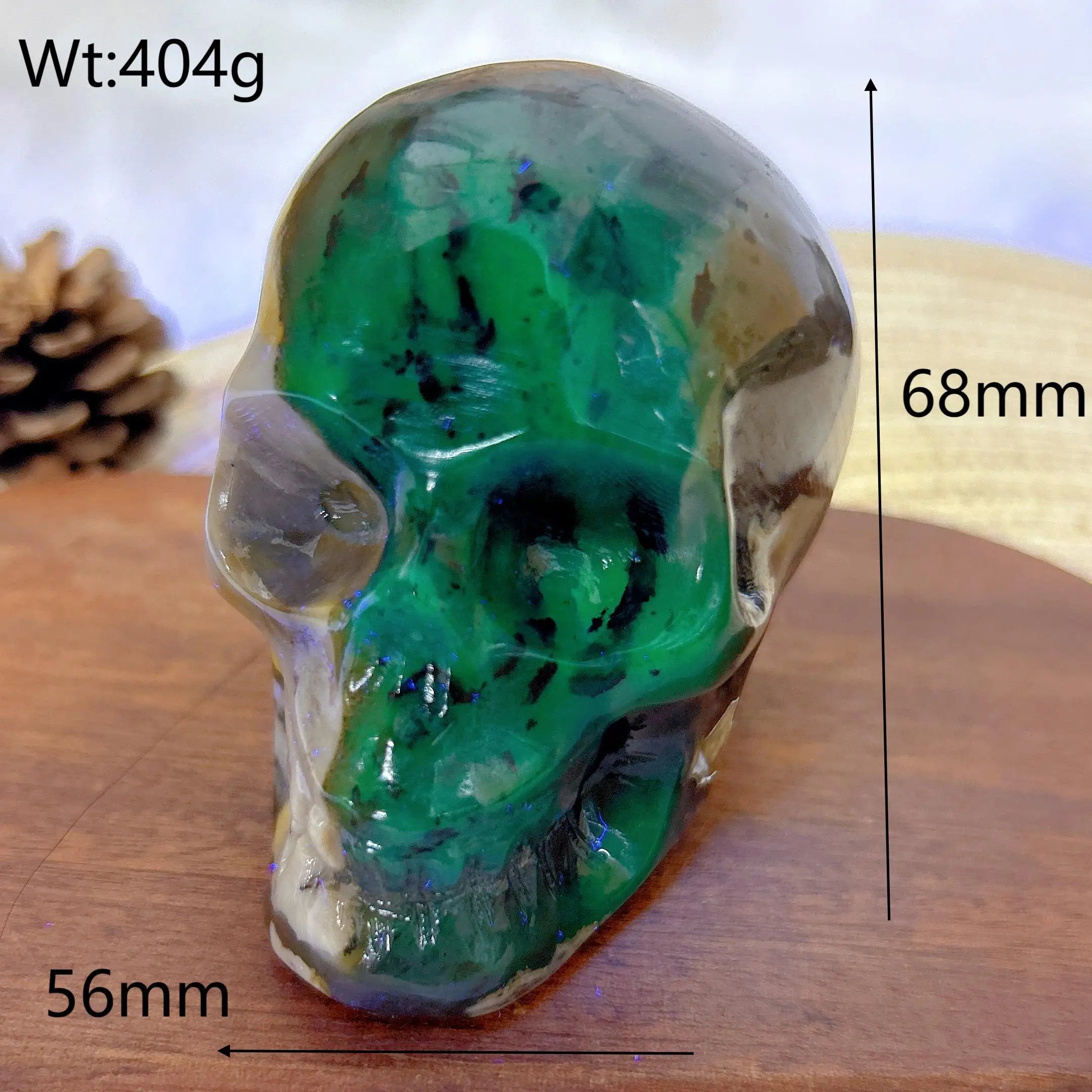 Natural Volcanic Agate Skull Carving with UV Light Effect - Green Flashy Healing Crystal for Energy, Home Decor & Spiritual Gifts | Perfect for Meditation, Feng Shui & Unique Gift Giving