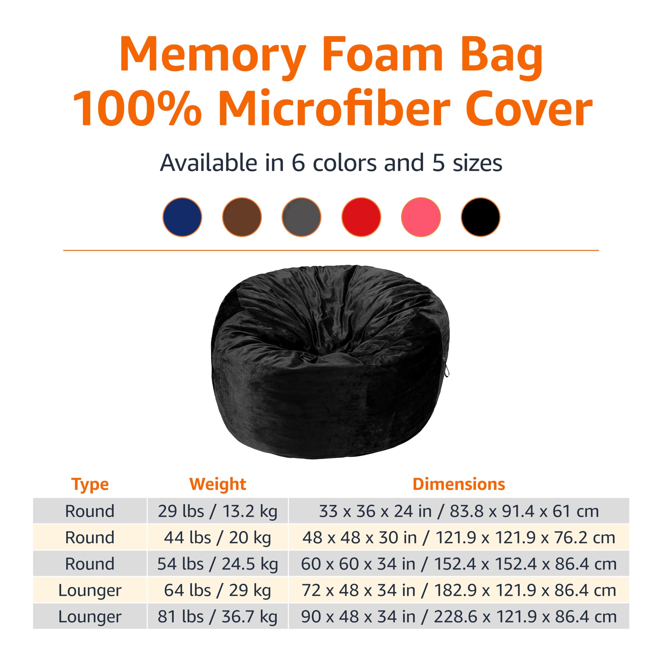 Amazon Basics Large Bean Bag Chair for Adults - 5 ft Black Memory Foam Filled with Soft Microfiber Cover | Comfortable Lounge Chair for Living Room, Bedroom, Game Room & Dorm