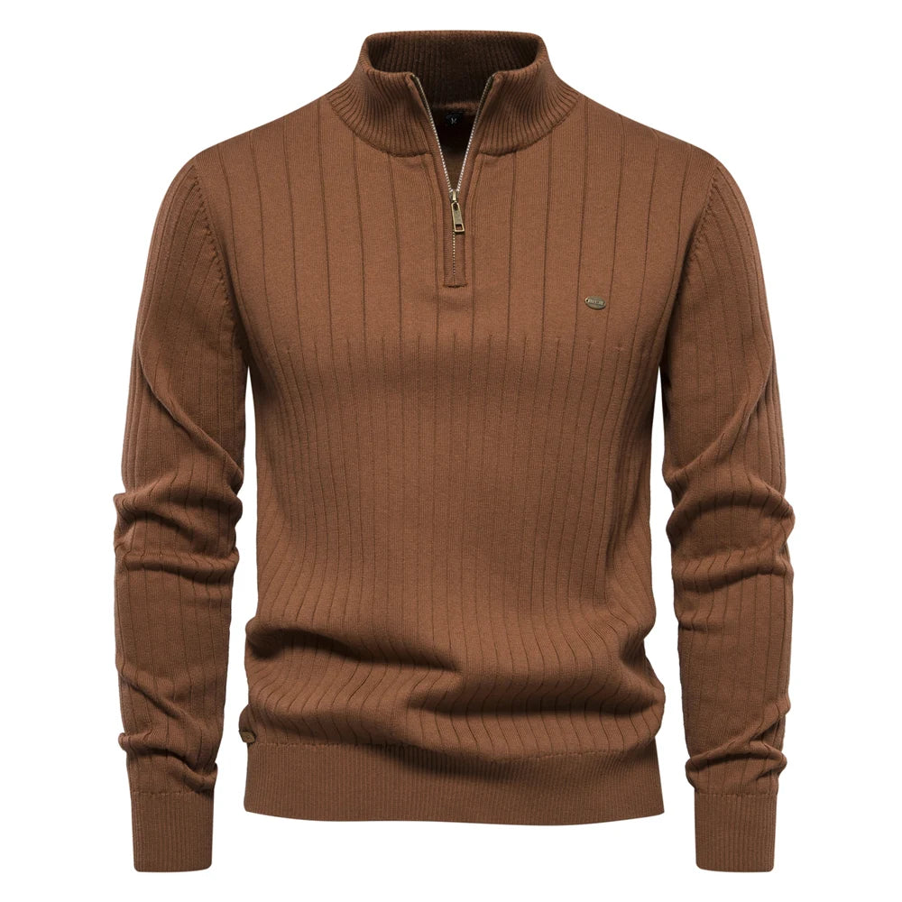 Men's Autumn Winter Cotton Knit Stand Collar Zipper Pullover Sweater - High Quality Warm Casual Wear for Outdoor & Office
