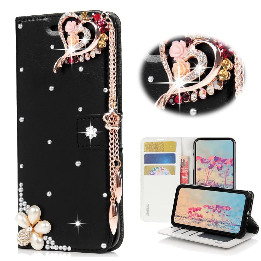 STENES Bling Wallet Phone Case for LG G8X ThinQ - 3D Handmade Heart Pendant Flowers Design, Magnetic Stand Leather Cover (Black) - Perfect for Women's Fashion Accessories & Everyday Use