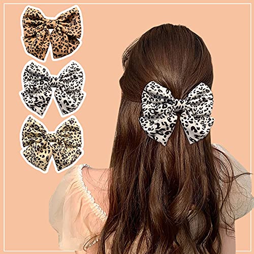3Pcs Leopard Print Hair Barrettes for Women - Large Soft Silky Bow Hair Clips, Fashion Hair Accessories for Parties, Weddings, and Everyday Styling