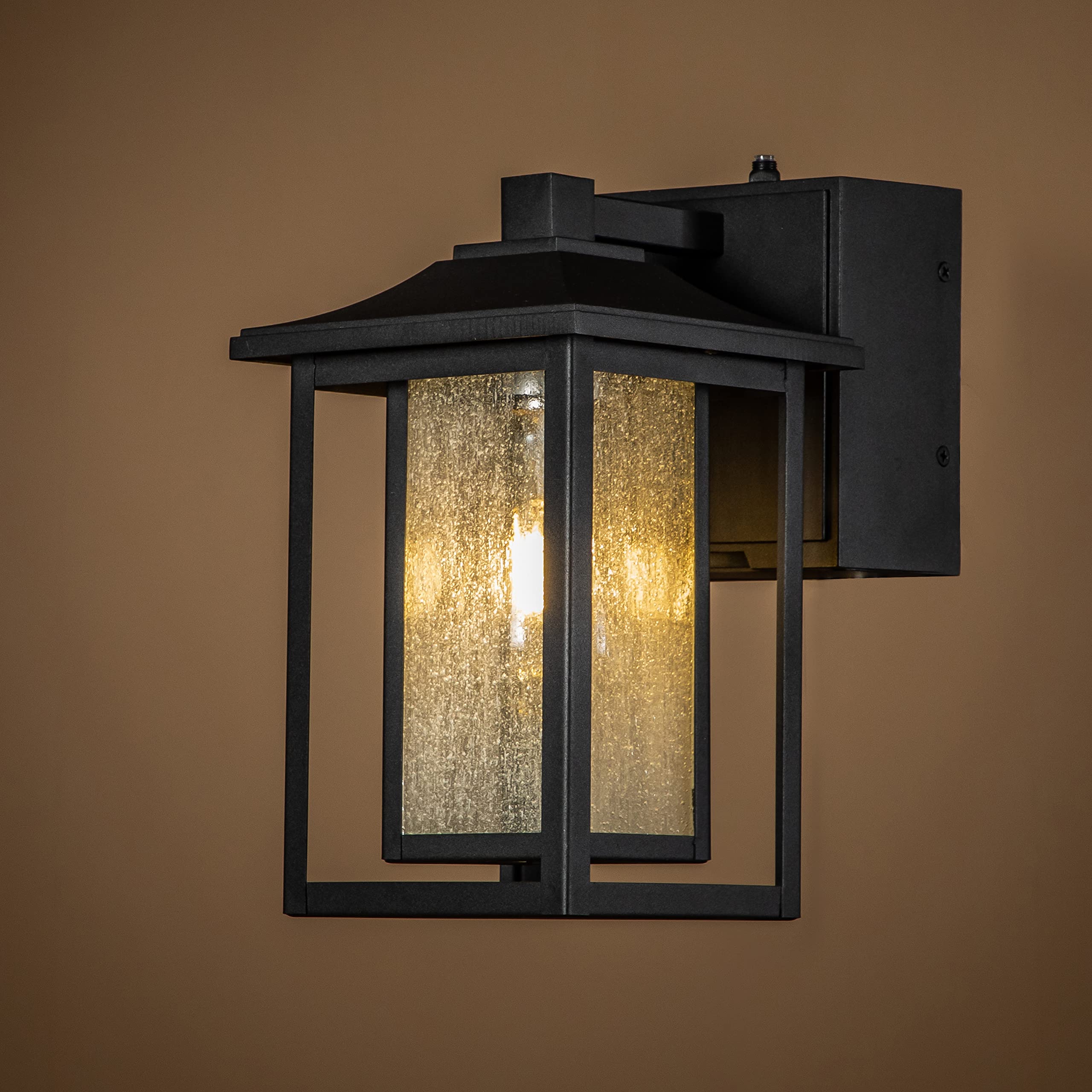 Black Outdoor Wall Light with Dusk to Dawn Sensor & Motion Detection - Seeded Glass Porch Light Fixture with GFCI Outlet - Perfect for Garage, Garden, Patio & Front Porch Security Lighting