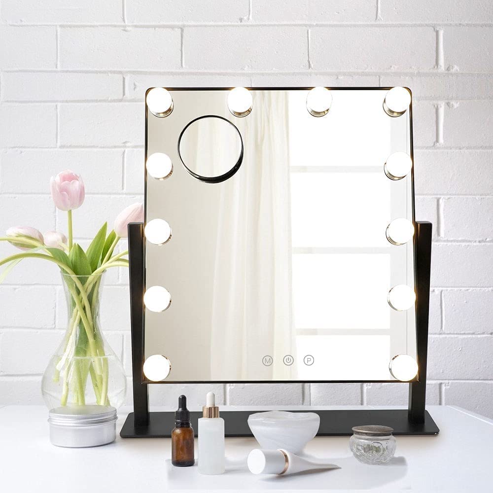 Depuley 18 x 17 Inch LED Makeup Mirror with 12 Dimmable Lights, 3 Color Modes & Touch Control - 360° Adjustable Vanity Mirror with Detachable 10X Magnifier (47 x 44 cm) for Professional Makeup, Skincare & Beauty Salon Use