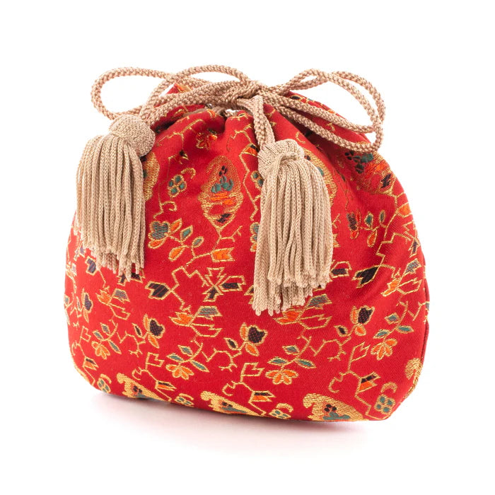 Nishijin Ori Small Drawstring Bag - Handmade Kyoto Japanese Traditional Craft Purse with Floral, Fruit & Tree Patterns (Red) | Perfect for Gift, Cosmetics & Jewelry Storage