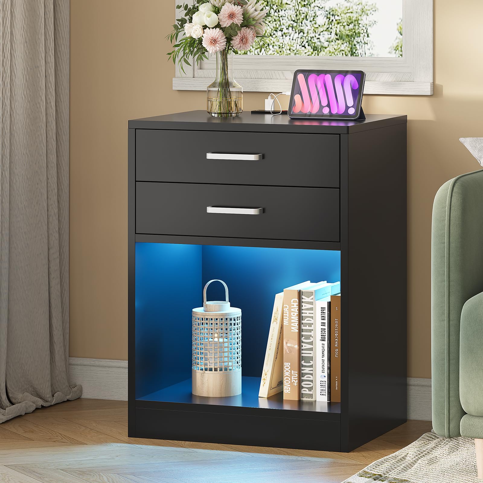 ADORNEVE Modern LED Nightstand Set of 2 - Bedside Tables with USB Charging Station, Power Outlets & Storage Drawers - Black Contemporary Bedroom Furniture for Home, Apartment, Dorm (Perfect for Reading, Phone Charging & Bedroom Organization)