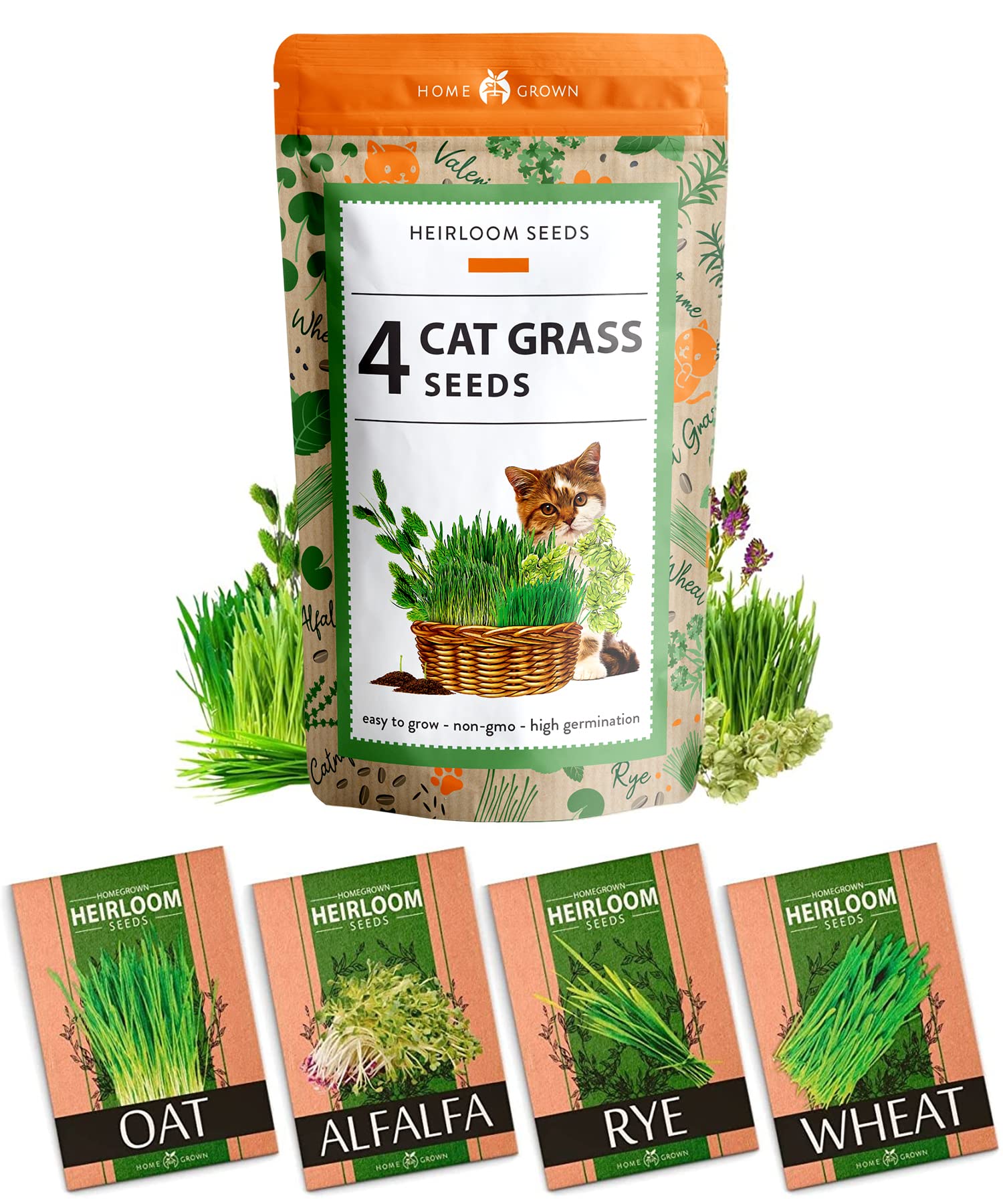 **Organic HOME GROWN Cat Grass Seeds for Indoor Cats - Bulk Heirloom Cat Grass Seed Refill Kit (4-Pack) - Perfect for Cat Litter Box, Scratching Post & Play Areas**