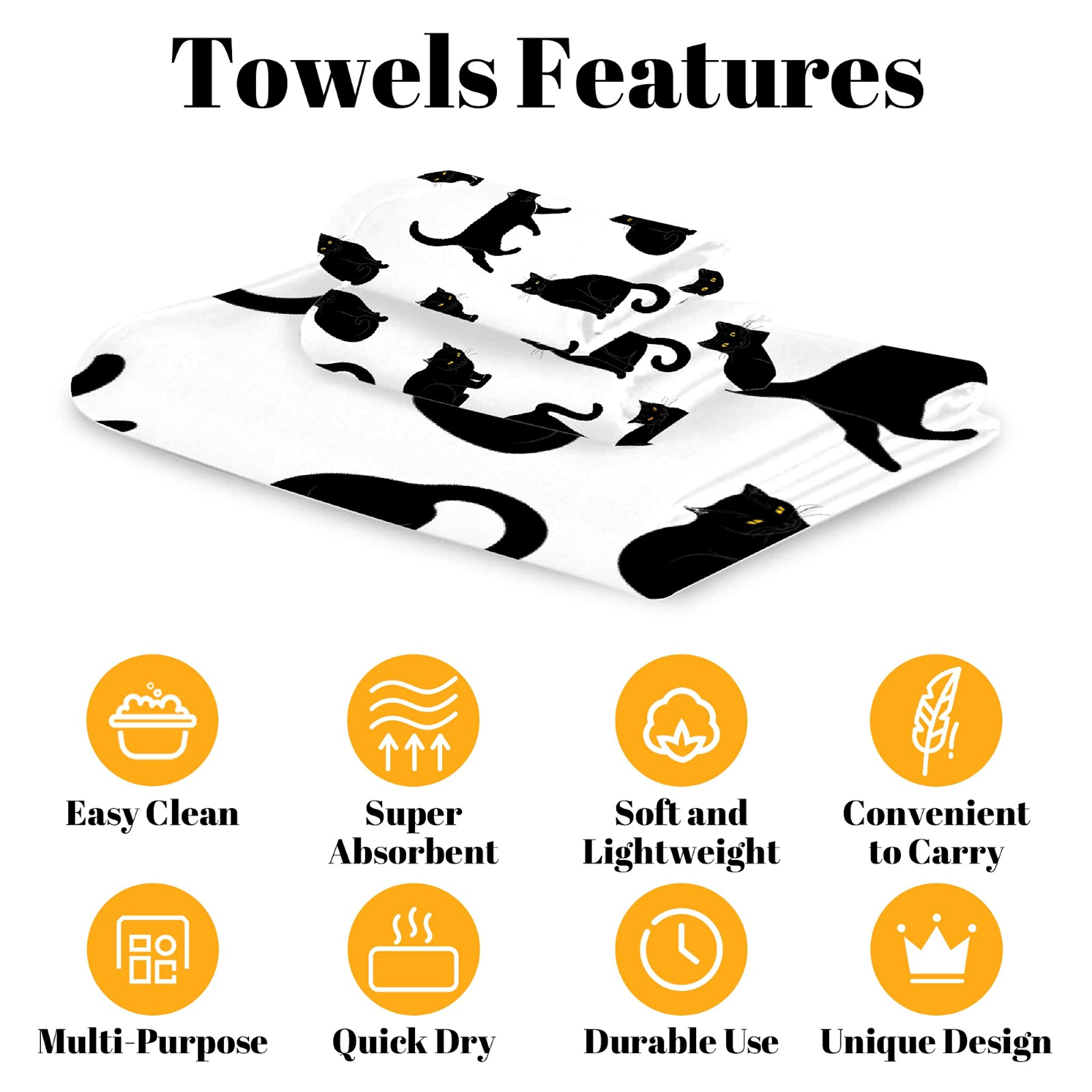 Premium Black Cat 3-Piece Bath Towel Set - 1 Bath Towel, 1 Hand Towel, 1 Washcloth - 100% Cotton Soft Absorbent Quick-Dry Towels for Bathroom, Kitchen & Home Decor - Perfect Gift for Cat Lovers & Cozy Home Essentials