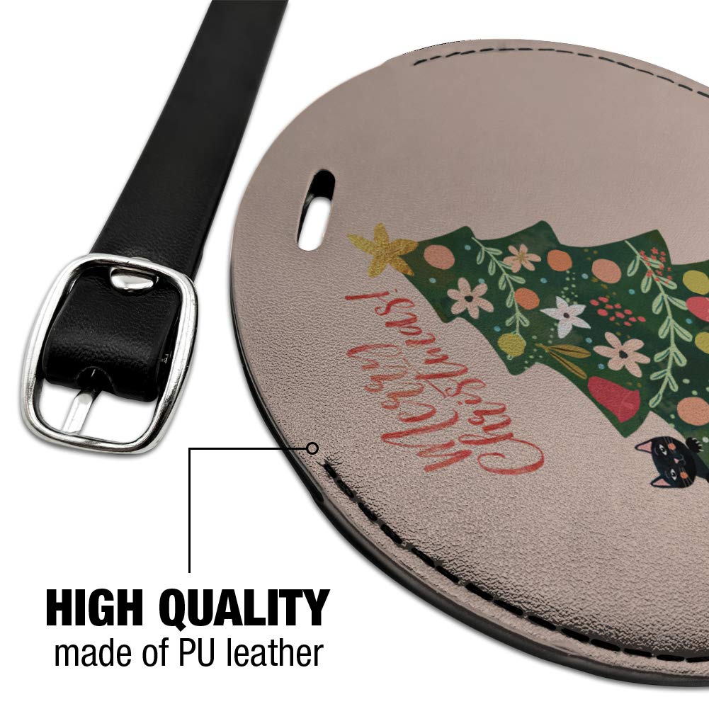 Christmas Tree Cat-Themed Round Leather Luggage Tag - Personalized Carry-On ID Tag for Travel & Suitcases | Perfect Gift for Cat Lovers & Holiday Travelers