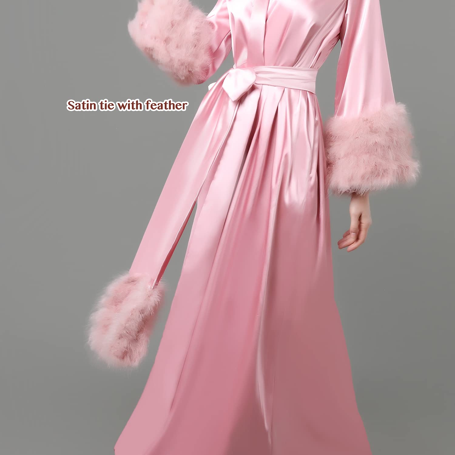 Luxury Women's Feather Trim Bathrobe - Soft Plush Fleece Kimono Robe with Belt for Spa, Bridal, Sleepwear & Lounging at Home