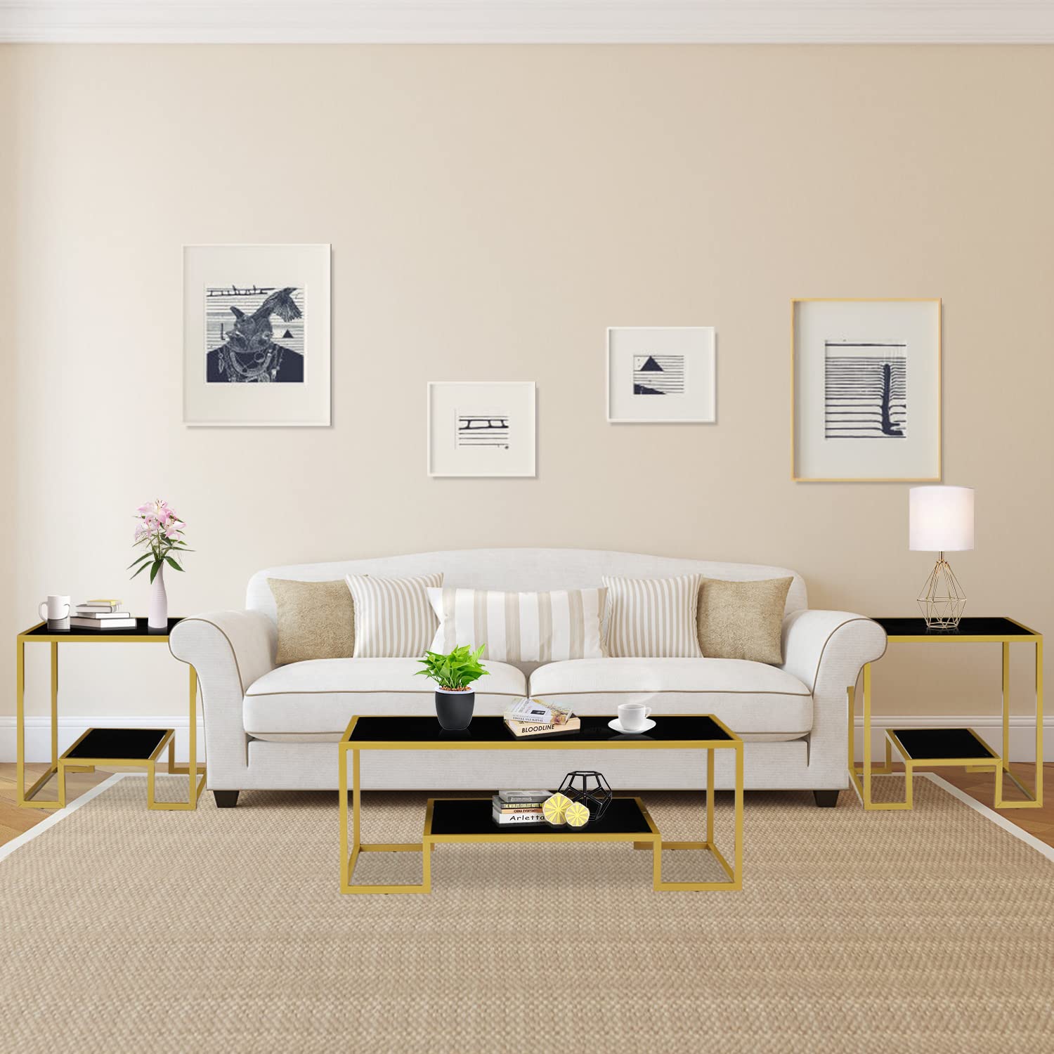 Modern Brass & Black Coffee Table Set with Storage Shelf - 2-Tier Tempered Glass Center Table & Side Tables for Living Room - Elegant Accent Furniture for Home Decor, Small Spaces & Entertaining Guests