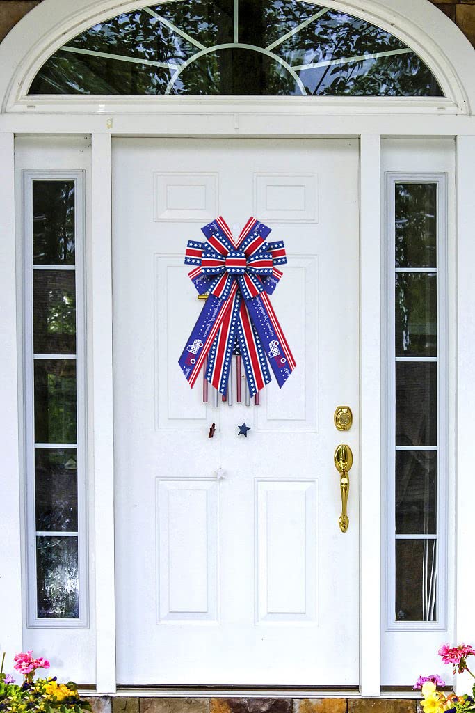 Large 4th of July Wreath Bows - Patriotic Blue Burlap Bows for Front Door Decor, American Star Tree Topper Bows - Perfect for Memorial Day, Independence Day & Home Decorations