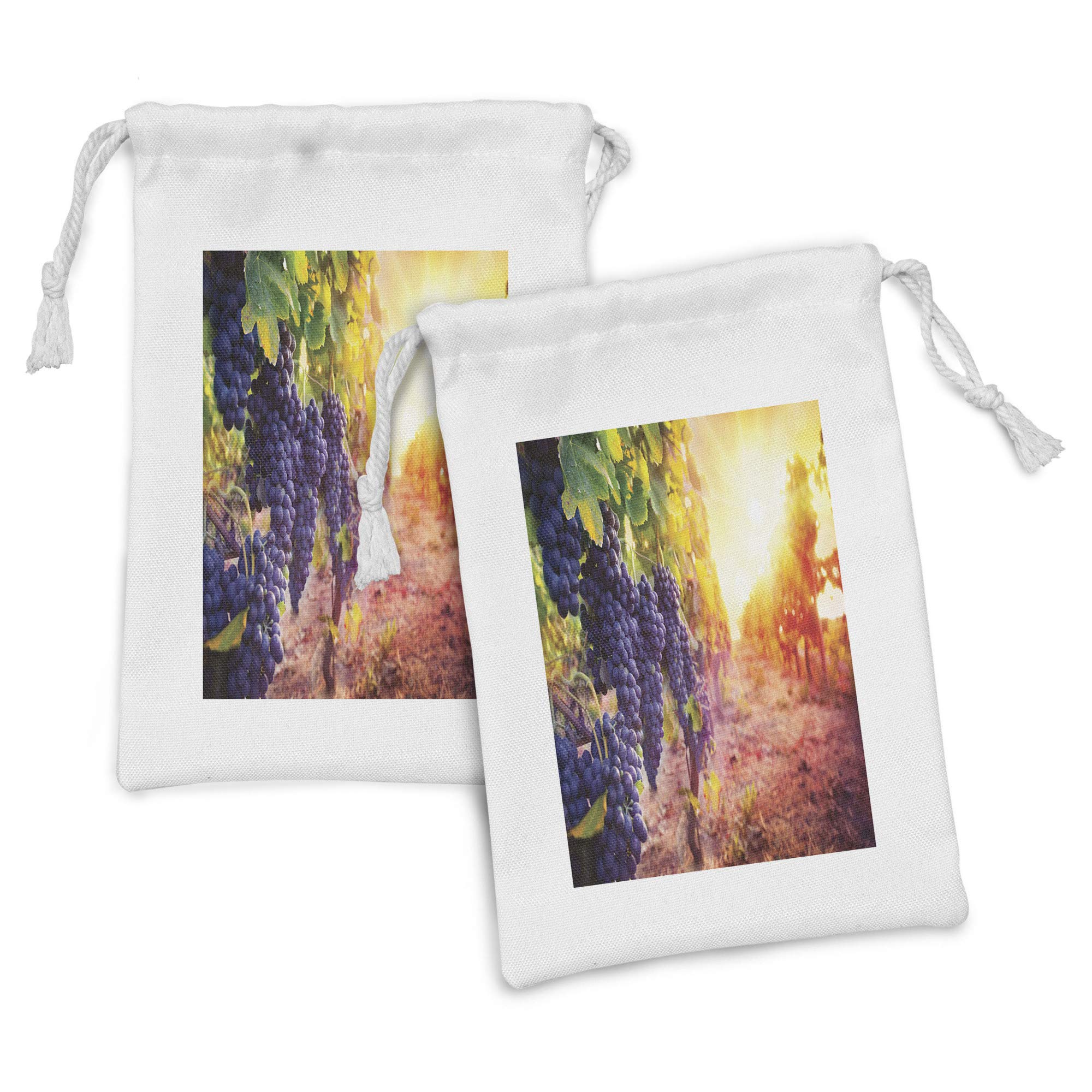 Ambesonne Grape Fabric Pouch Set of 2 - Vintage Vineyard Sunset Harvest Print Small Drawstring Bags (9