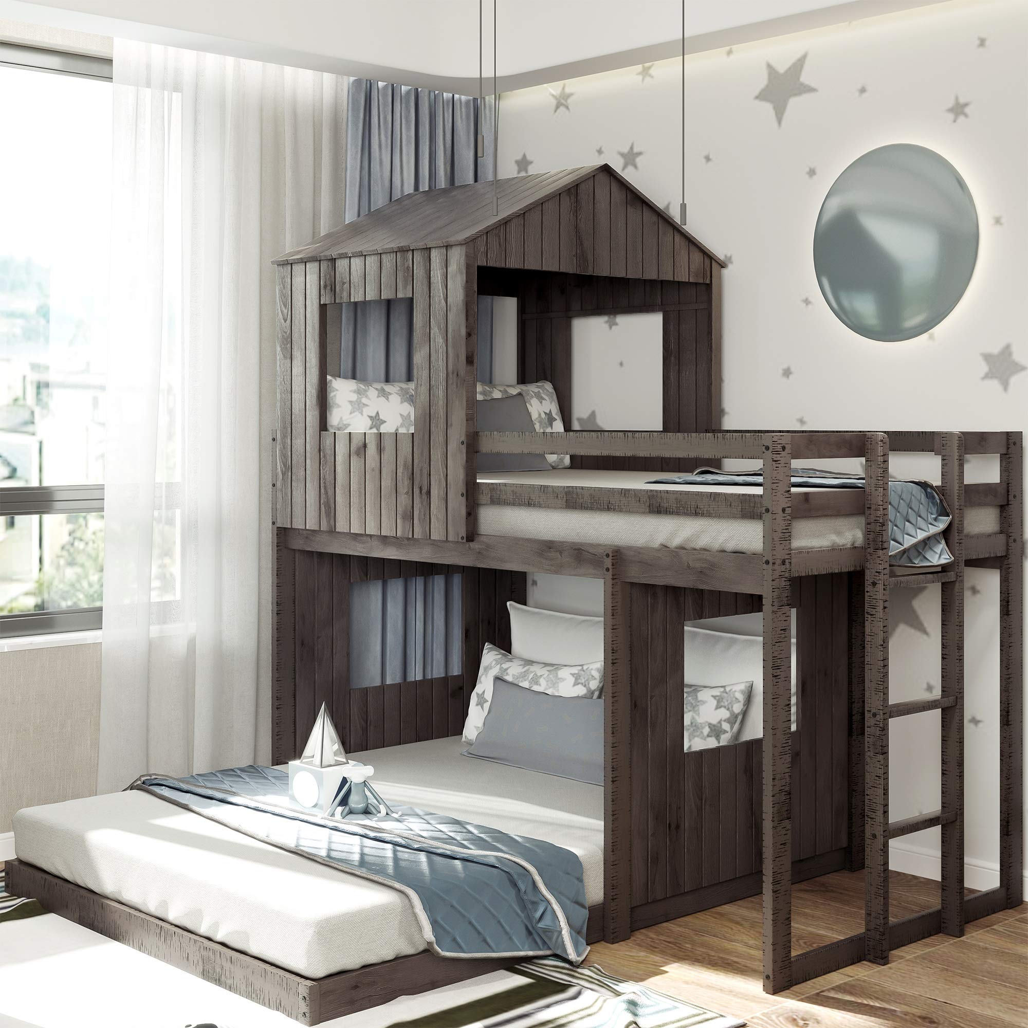 Harper & Bright Designs Twin Over Full House Bunk Bed with Roof & Safety Rail - Solid Wood Kids Bunk Bed for Boys & Girls - No Box Spring Needed - Perfect for Shared Kids' Rooms, Sleepovers & Small Spaces