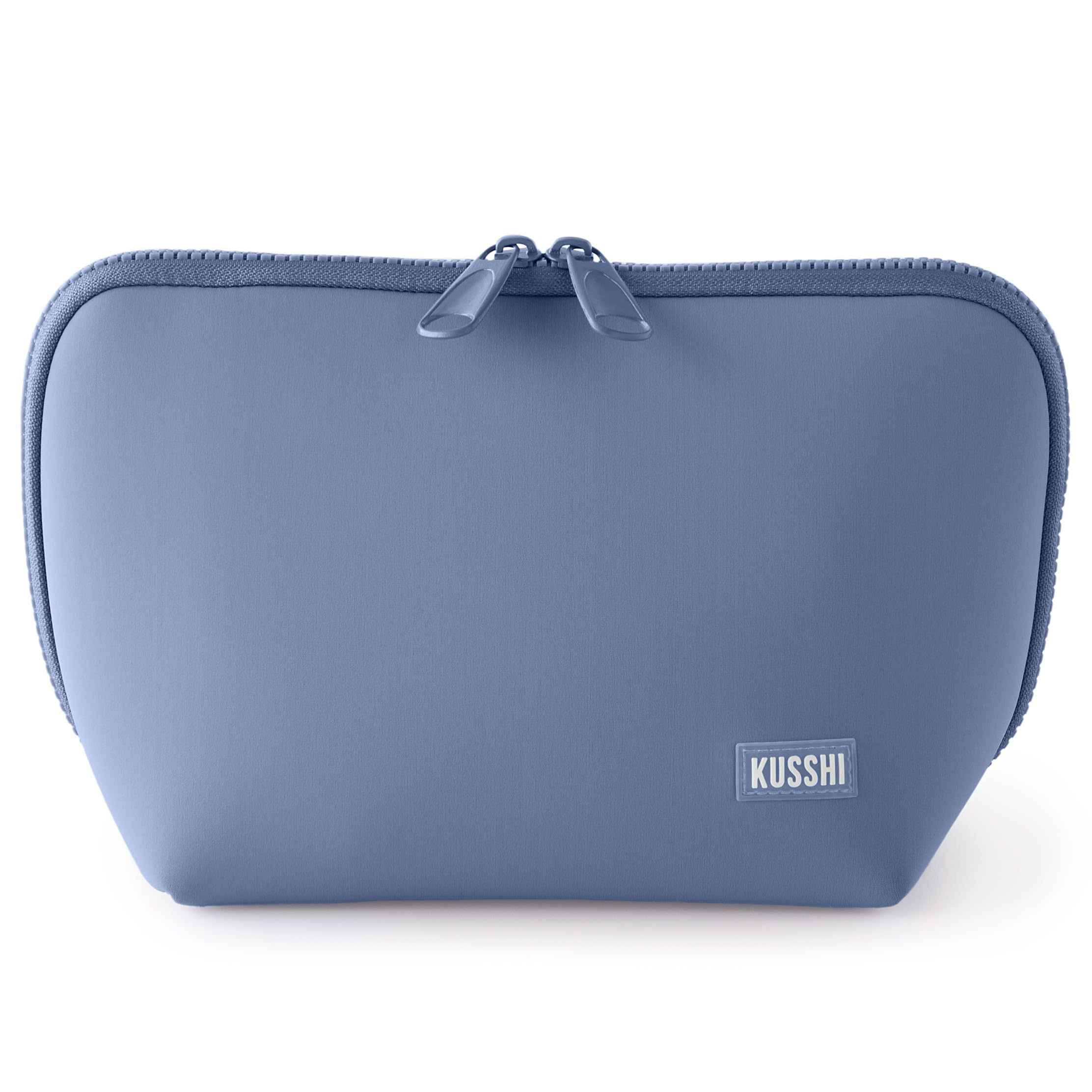 KUSSHI Waterproof Neoprene Makeup Bag for Travel - Reusable & Washable Cosmetic Organizer (Pearl Blue/Sand Pink) | Perfect for Vacation, Gym & Daily Essentials Storage