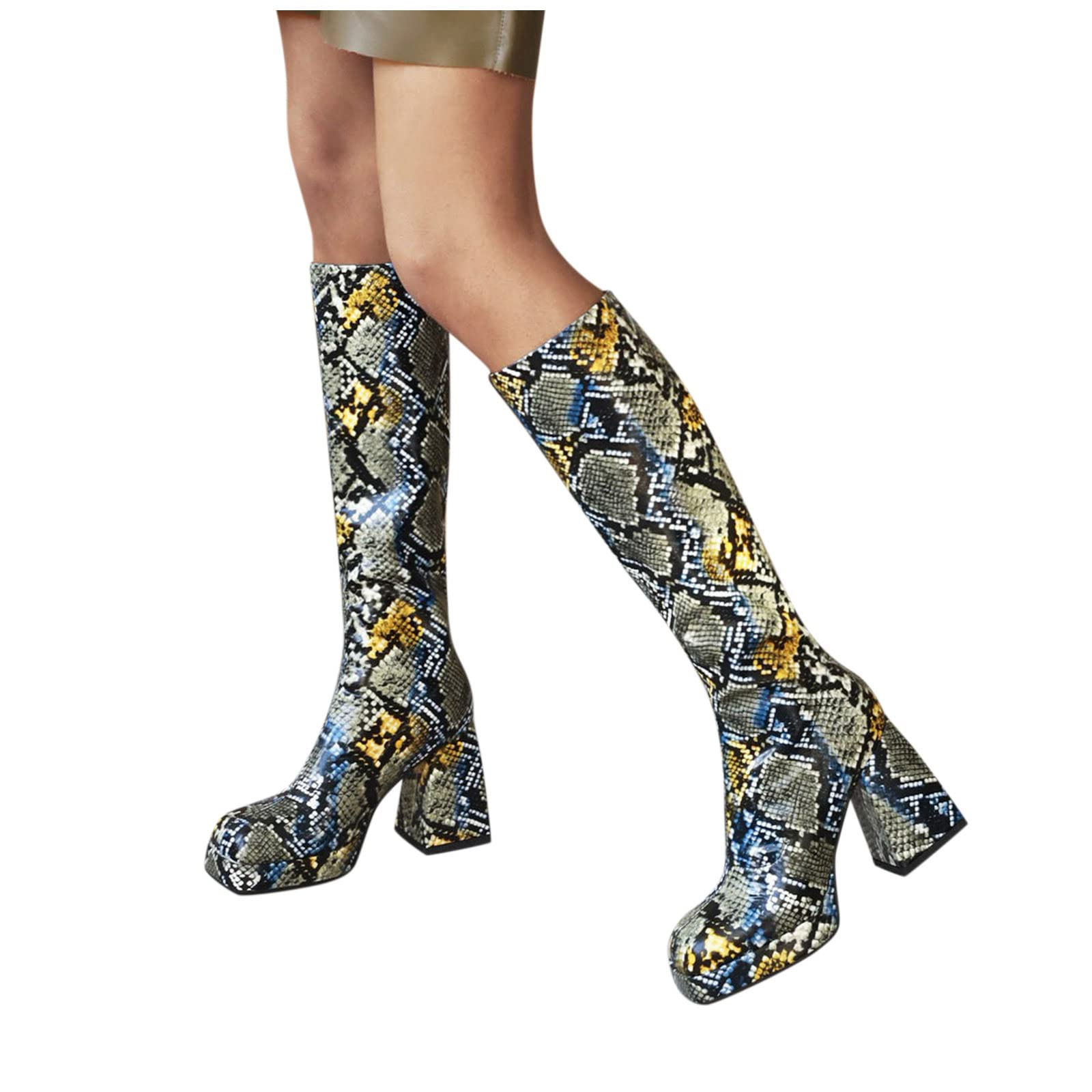 **Women's Knee High Wide Calf Boots - Fashion Print Thigh Boots with Chunky Heels & Platform, Pull-On Floral & Animal Patterns - Stylish Long Boots for Casual, Party & Winter Outfits**