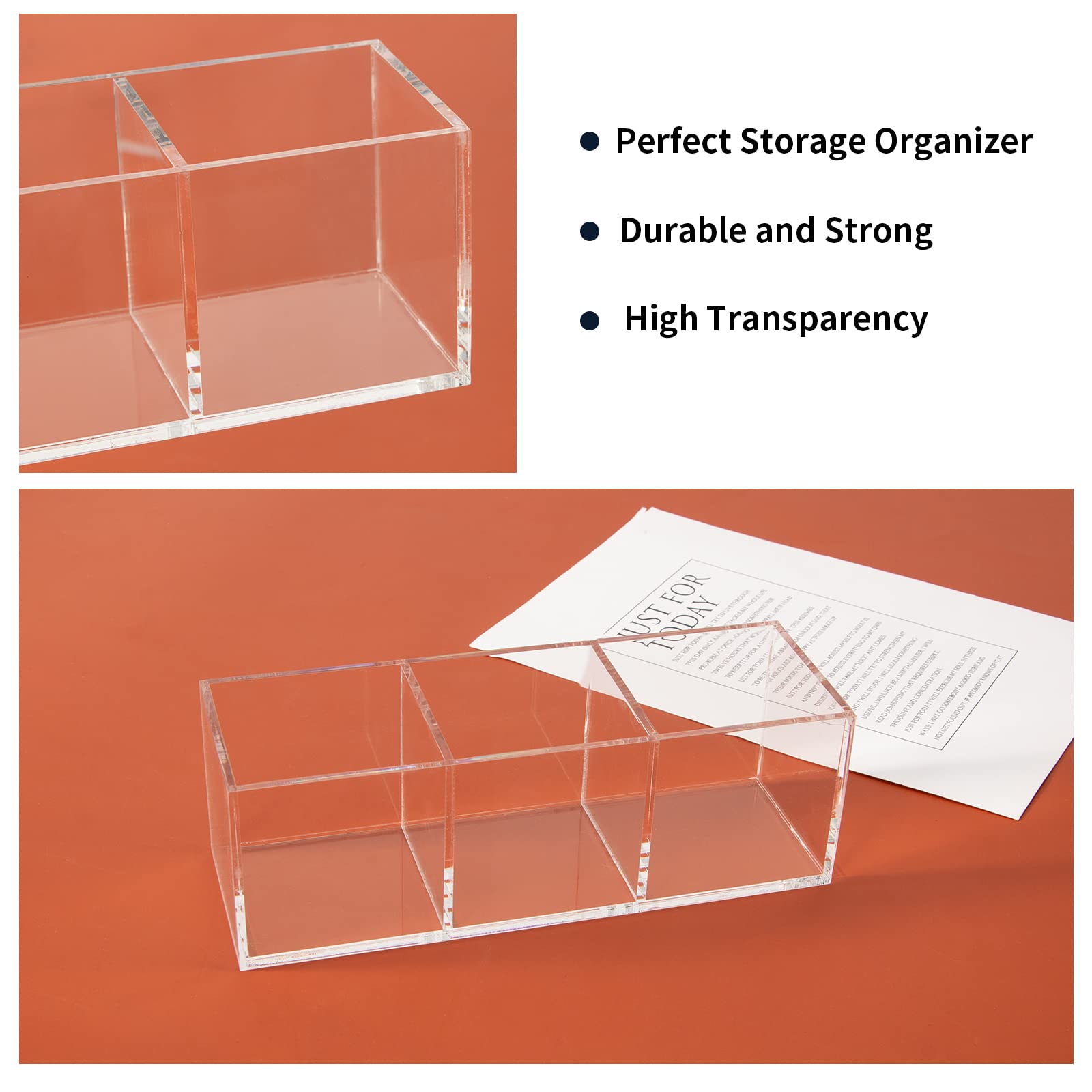 Clear Acrylic Makeup Organizer - 3 Compartment Pen & Pencil Holder (7.1x2.36x2.36 Inches) | Plastic Storage Cube for Cosmetics, Jewelry & Office Supplies | Perfect for Vanity, Desk & Bathroom Organization