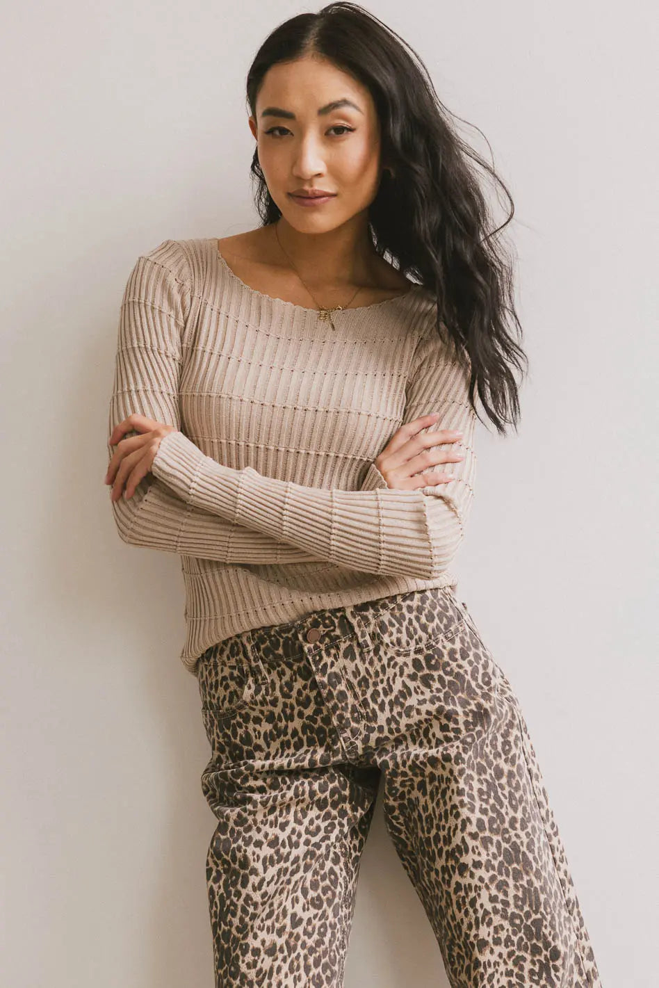Gemma Sheer Ribbed Top in Tan - Women's Slim Fit Knit Blouse for Casual & Party Wear - FINAL SALE
