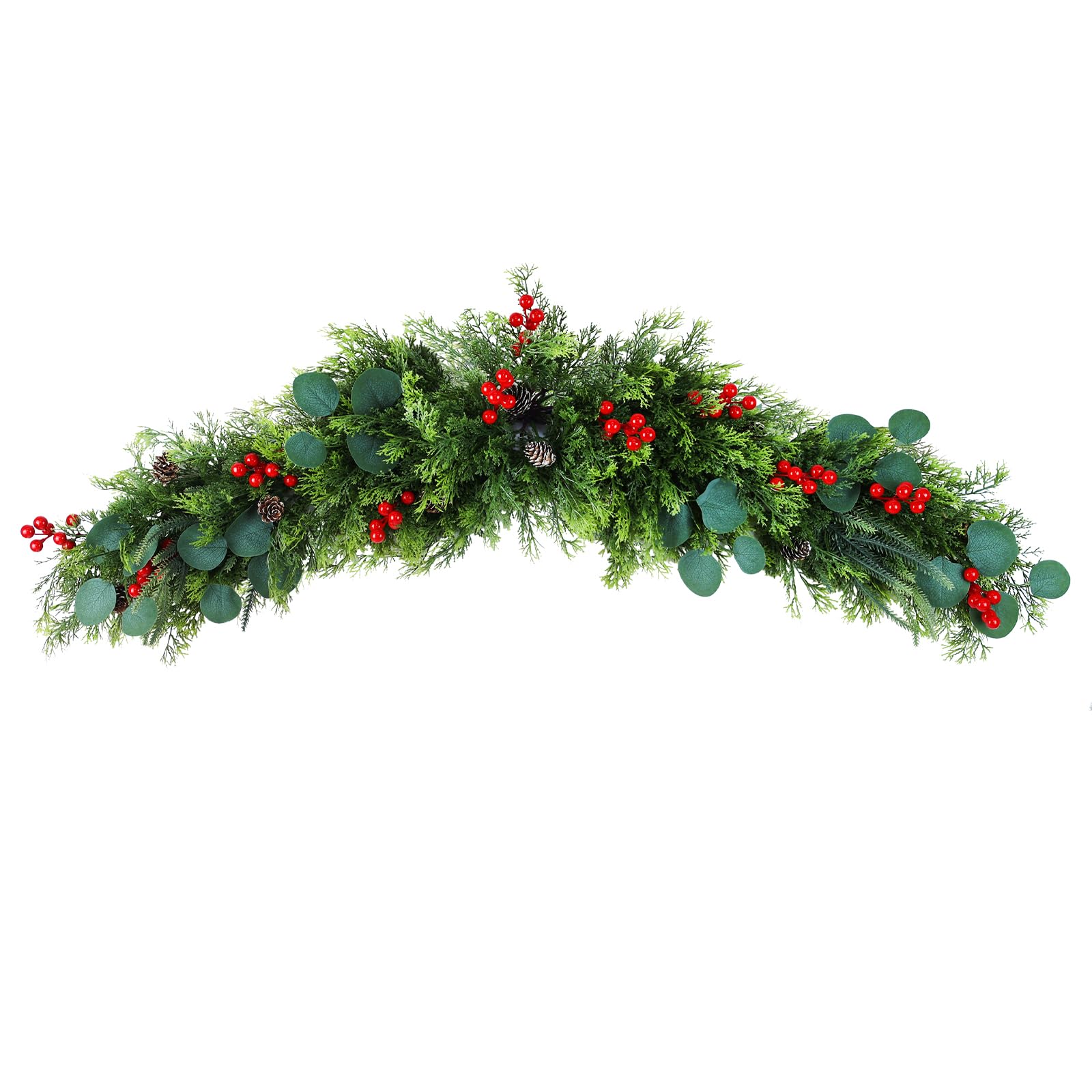 48 Inch Artificial Christmas Swag with Eucalyptus Leaves, Red Berries & Pine Cones - Holiday Door Hanging Decor for Indoor/Outdoor Use - Perfect for Front Door, Wall, Window & Fireplace Mantle Xmas Decorations
