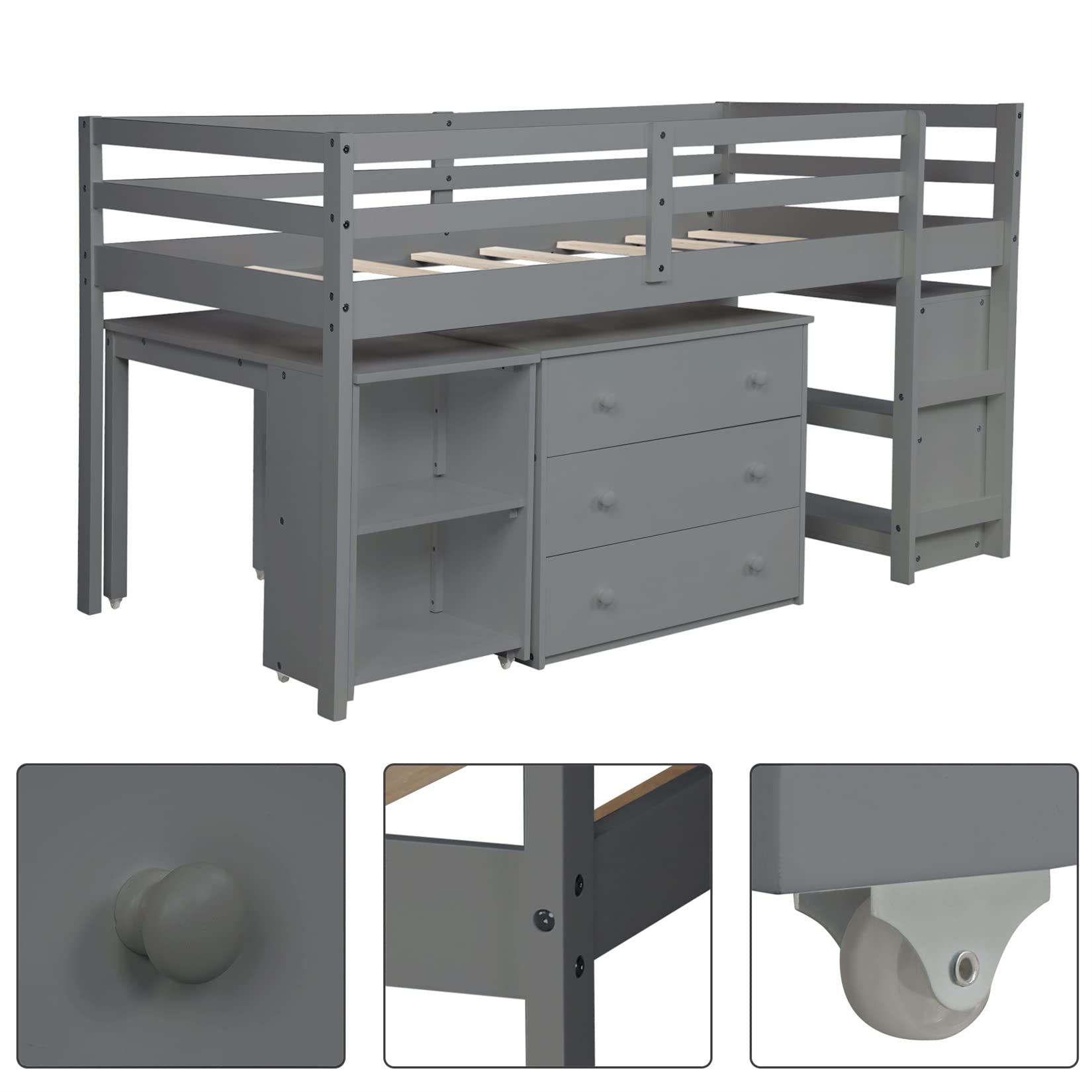 Wooden Low Loft Bed Frame with Storage Cabinet & Rolling Desk for Kids & Teens - Twin Size, Gray - Perfect for Small Bedrooms, Dorm Rooms & Kids' Spaces