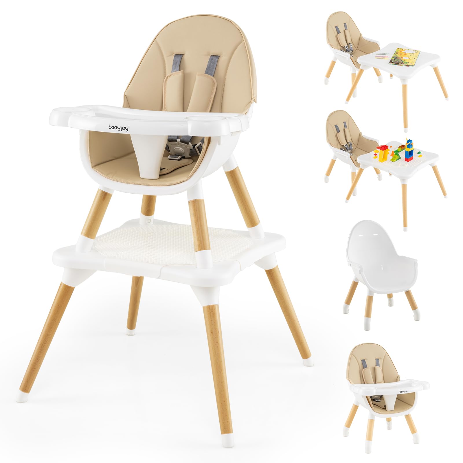 HONEY JOY 5-in-1 Convertible Wooden High Chair for Babies & Toddlers - Adjustable Feeding Tray, Safety Harness, Convertible to Table & Chair Set (Khaki) - Perfect for Dining, Learning & Playtime at Home