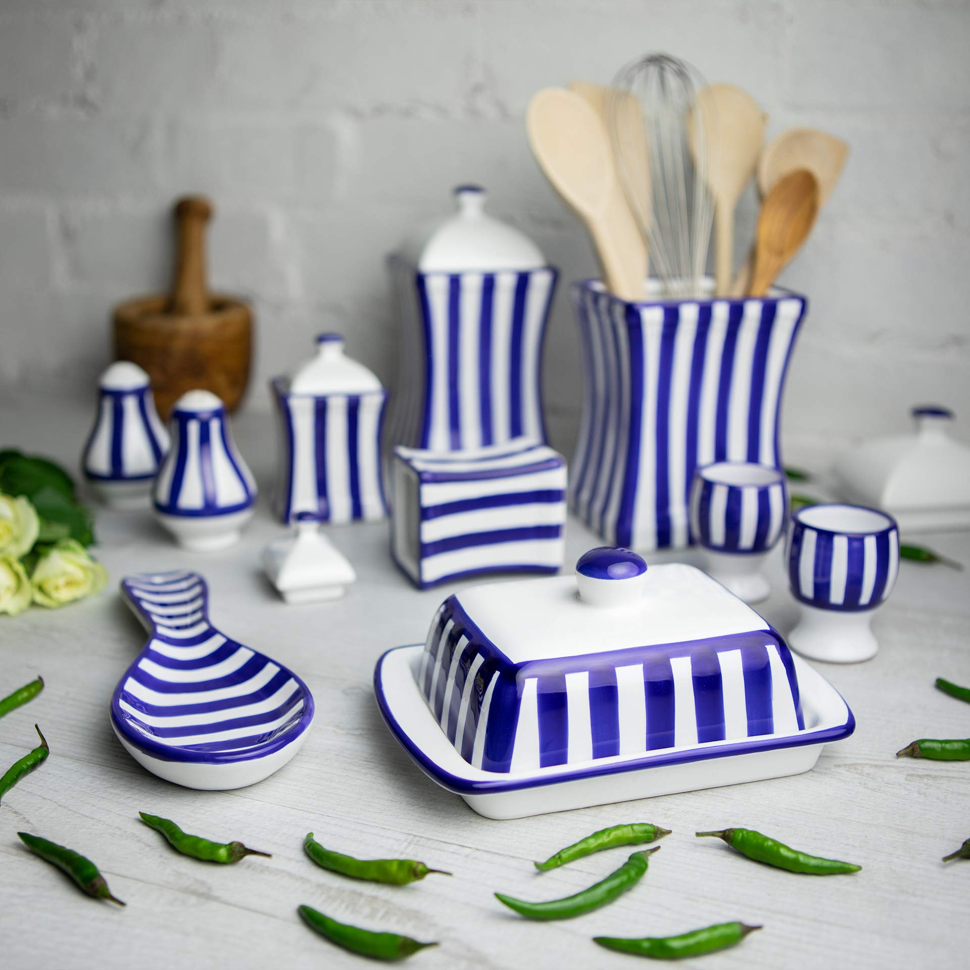 Handmade Dark Navy Blue Stripe Ceramic Kitchen Set of 10 - Canisters, Butter Dish, Egg Cups, Salt & Pepper Shakers, Spoon Rest | Perfect for Farmhouse Decor, Rustic Kitchen Storage & Housewarming Gifts