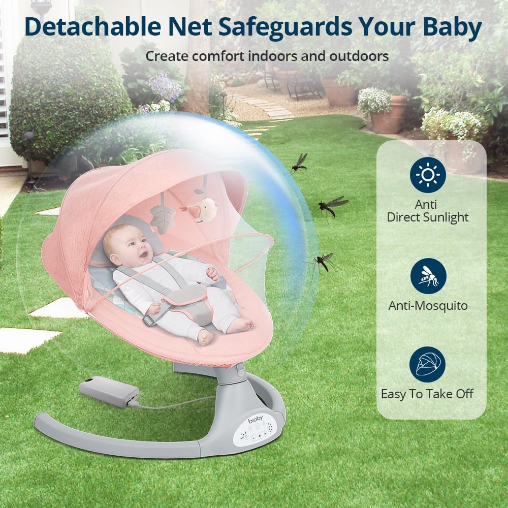 Bioby Baby Swing for Infants 0-12 Months - Portable Rocker with 5 Speed Settings, Bluetooth Music, Remote Control & 5-Point Safety Harness - Lightweight Bouncer for Babies 5-20 lbs (Pink) - Perfect for Nursery, Travel & Soothing Fussy Babies