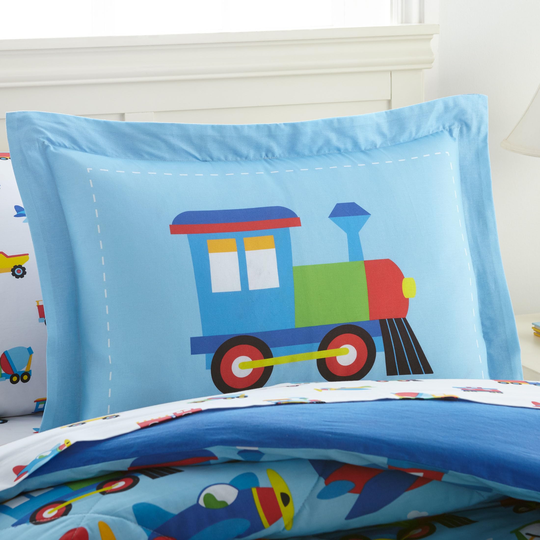 Wildkin 7-Piece Full Bedding Set – 100% Cotton Comforter, Sheets & Pillowcase for Boys | Soft & Breathable Train Airplane Truck Design | Perfect for Kids Bedroom, Sleepovers & Cozy Nights