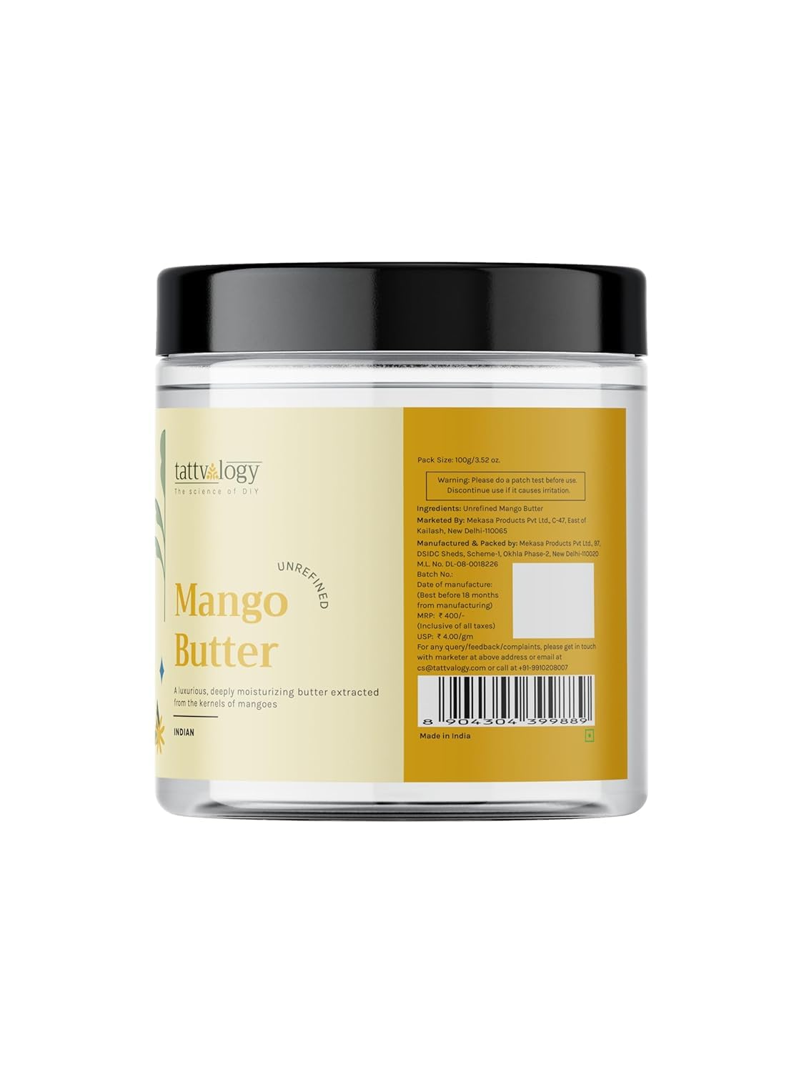 100% Pure Raw Unrefined Mango Butter for Dry Skin - Natural Body Moisturizer, Lip Balm & Skin Nourishment Cream - Plastic Jar 100g | Perfect for DIY Skincare, Hair Care & Body Lotion Making