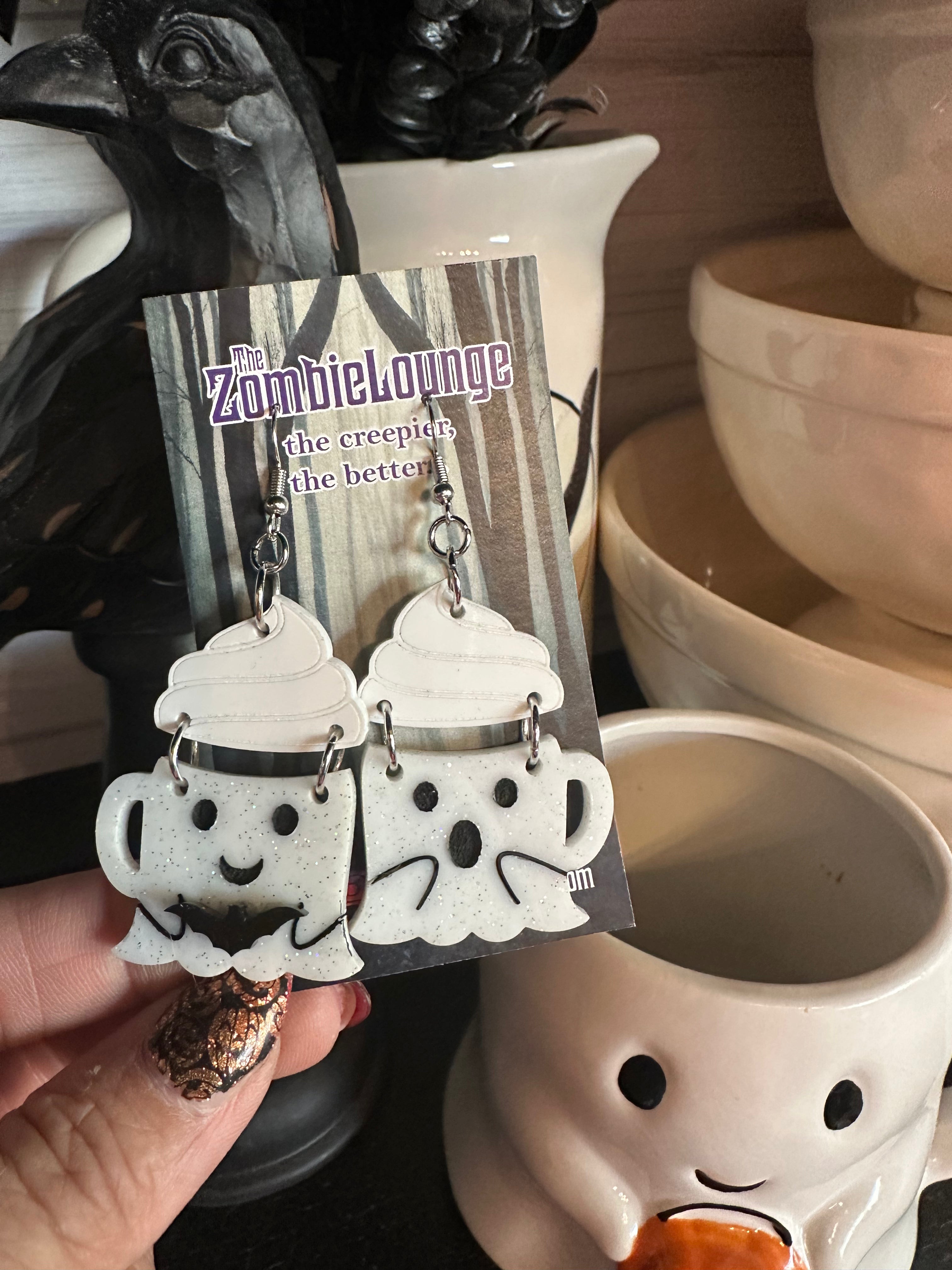 Ghost Mug Earrings - Spooky Halloween Jewelry for Women | Cute Coffee Cup Dangle Earrings for Halloween Parties & Cosplay