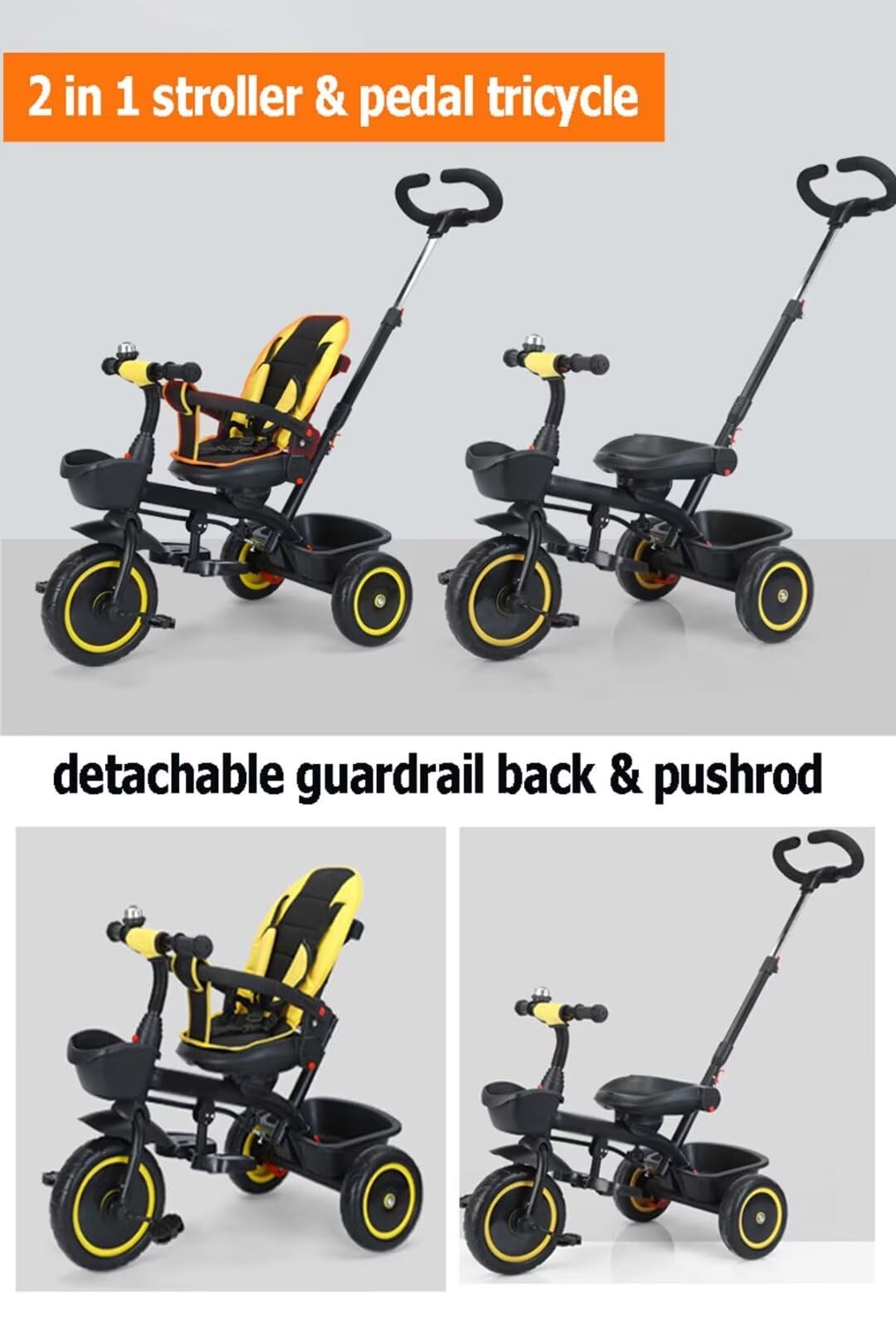 Two-Way Reversible Toddler Stroller Tricycle with Adjustable Seat, Safety Belt & Guardrail - Parent Steering Handle & Dual Rear Brakes - Black/Yellow Foam Wheels for Park Rides & Neighborhood Walks