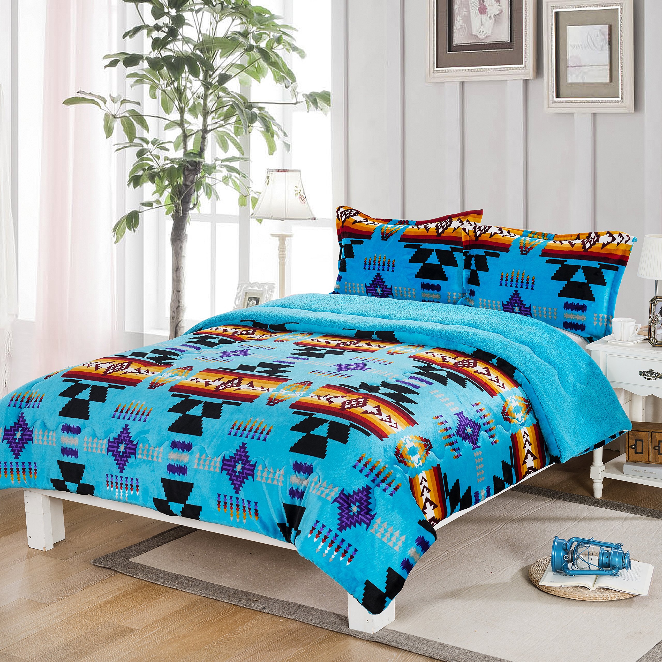 Southwest Design Navajo Print Queen Size 3-Piece Comforter Set in Blue - Perfect for Southwestern Bedroom Decor & Boho Chic Home Styling