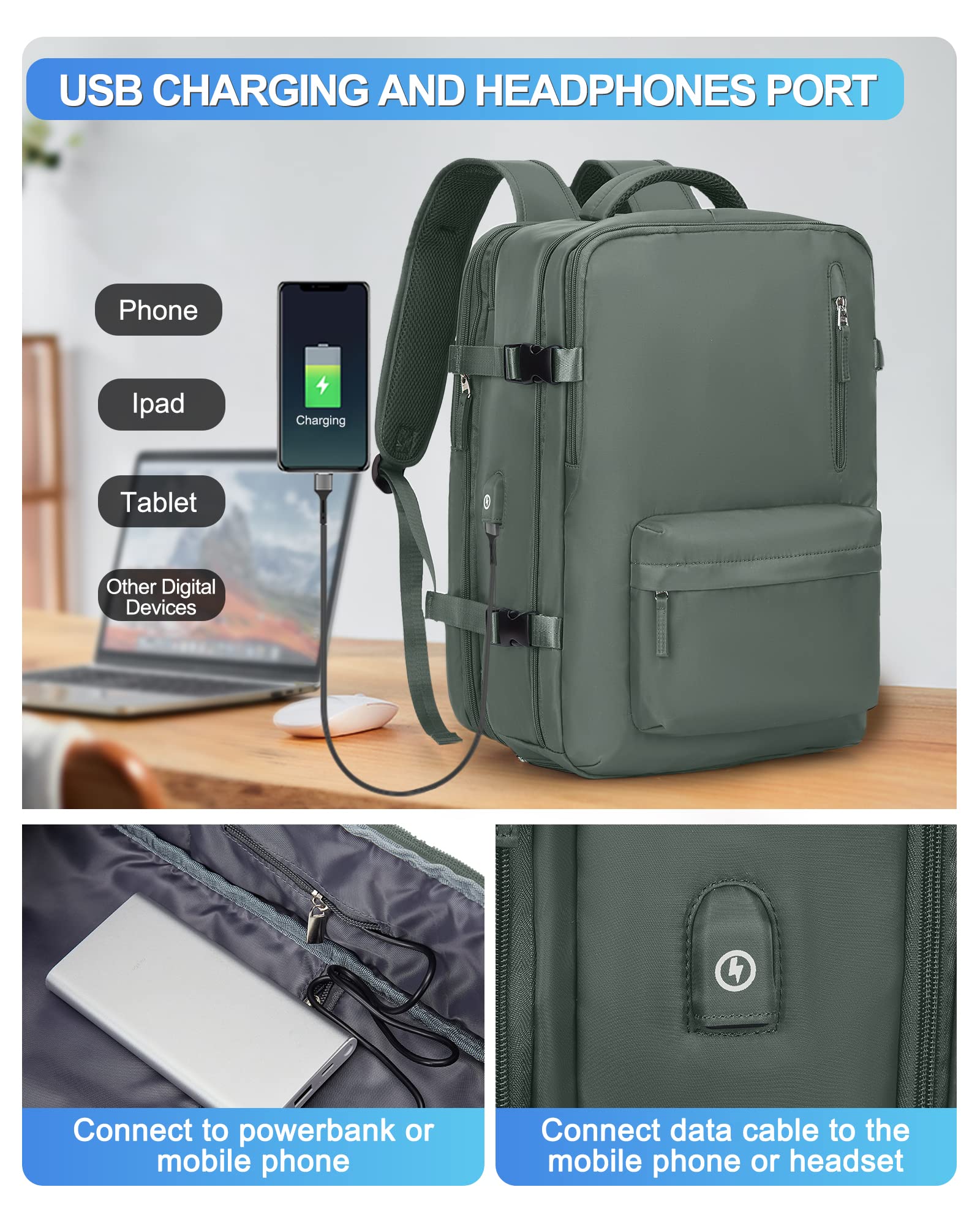 VGCUB Expandable Waterproof Travel Backpack for Women & Men - 17 Inch Laptop Compartment, Carry-On Approved, Business Work Bag, Mochila de Viaje, Green - Perfect for Commuting, Hiking, and Air Travel