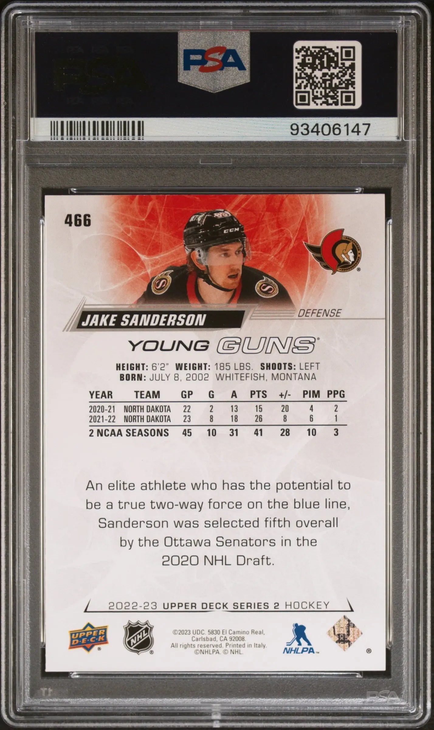 2022-23 Upper Deck Series 2 Hockey Jake Sanderson Young Guns Rookie Card PSA 9 Mint - Perfect for NHL Collectors, Sports Memorabilia Display & Hockey Fan Gifts