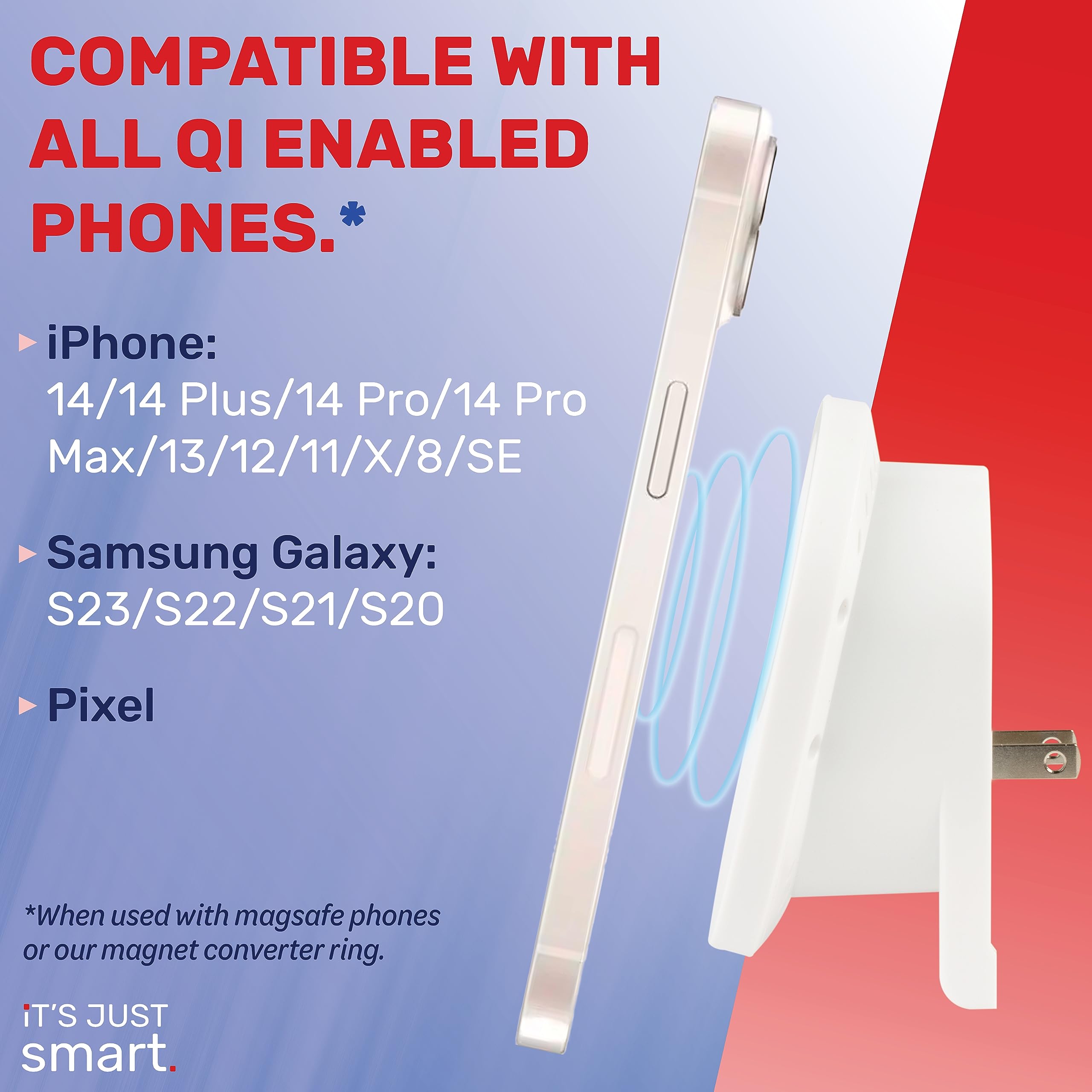 It's Just Smart Universal Magnetic Wireless Charger - Qi Certified Fast Charging Pad Compatible with iPhone 15/14/13/12/11/X, Samsung Galaxy S24/S23/S22/S21/S20 & Google Pixel | MagSafe Technology | Perfect for Home, Office & Car Use