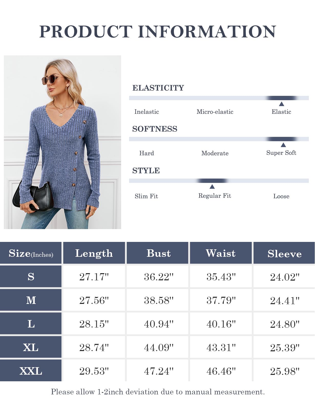 Women's V Neck Knit Jumper - Lightweight Long Sleeve Button Front Top for Casual Wear